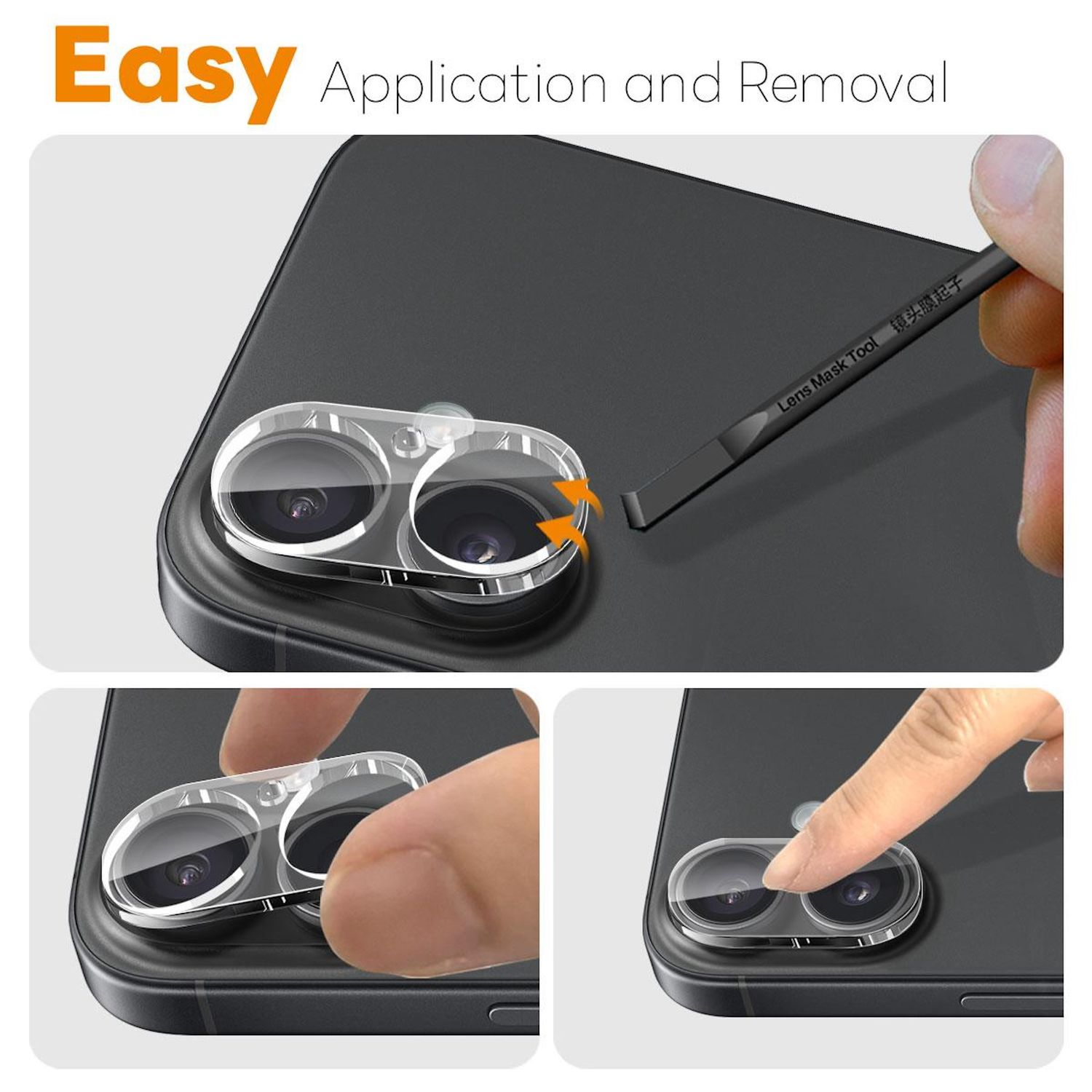 Ein Telefon mit einem Linsenschutz, der angebracht wird. Ein Werkzeug wird für einfaches Anbringen und Entfernen verwendet. Das Wort 'Easy' ist sichtbar.