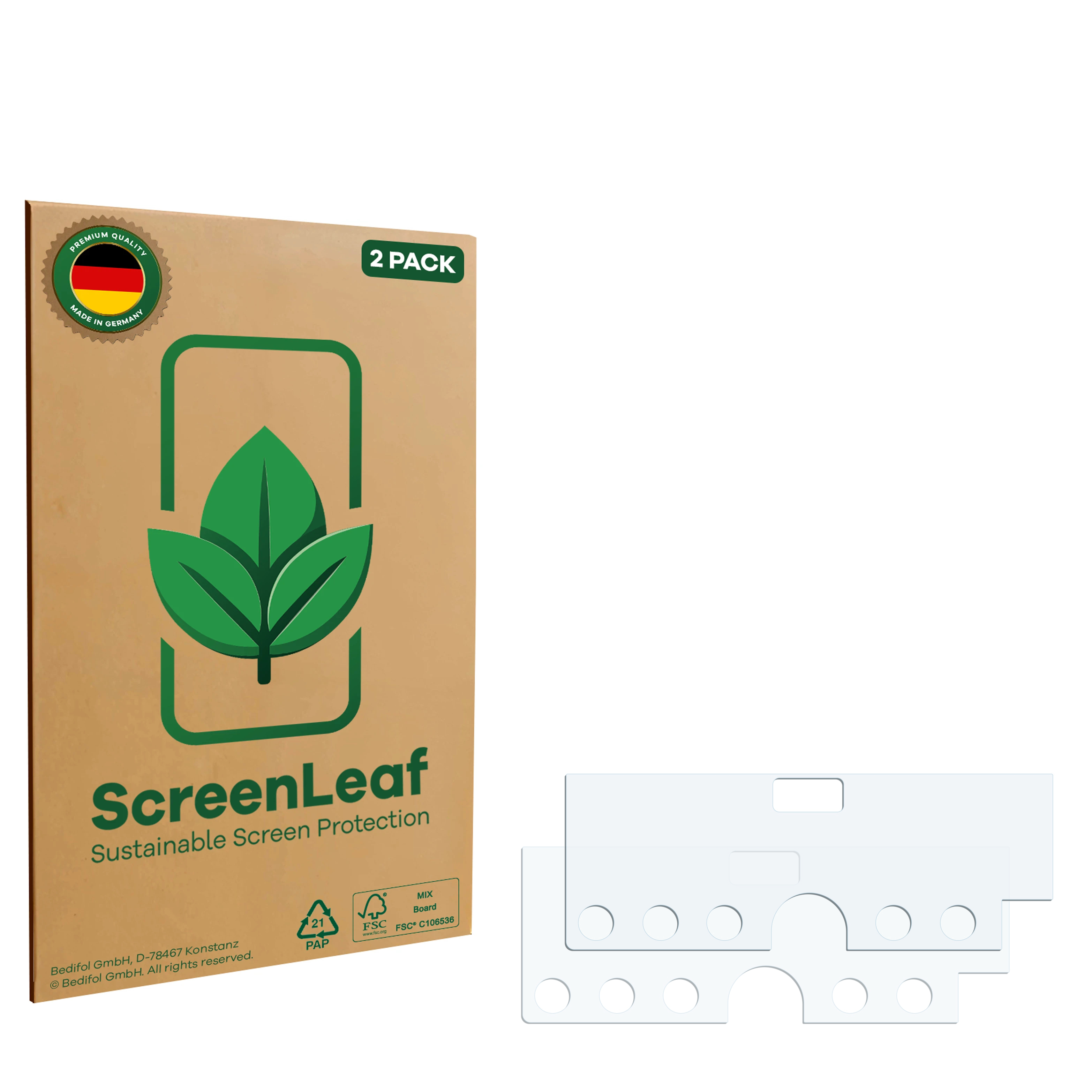 Eine Schachtel mit Displayschutzfolien mit grünem Blattlogo, '2er-Pack'-Etikett und 'Made in Germany'-Siegel.