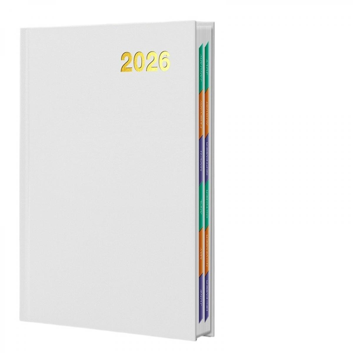 Ein weißer Planer für 2026 mit goldfarbenen Buchstaben und farbigen Monatsreitern. Der Rücken zeigt die Monate. Der Hintergrund ist weiß.