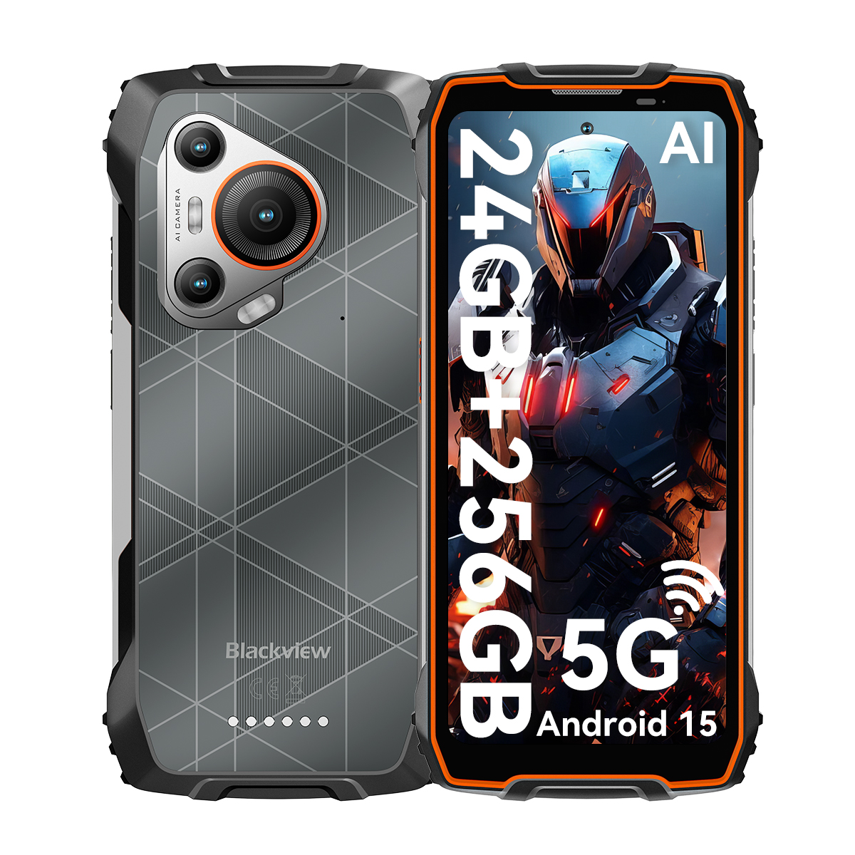 Smartphone resistente con cámara dual, parte trasera gris y pantalla con robot. Especificaciones: 24GB+256GB, 5G, Android 15.
