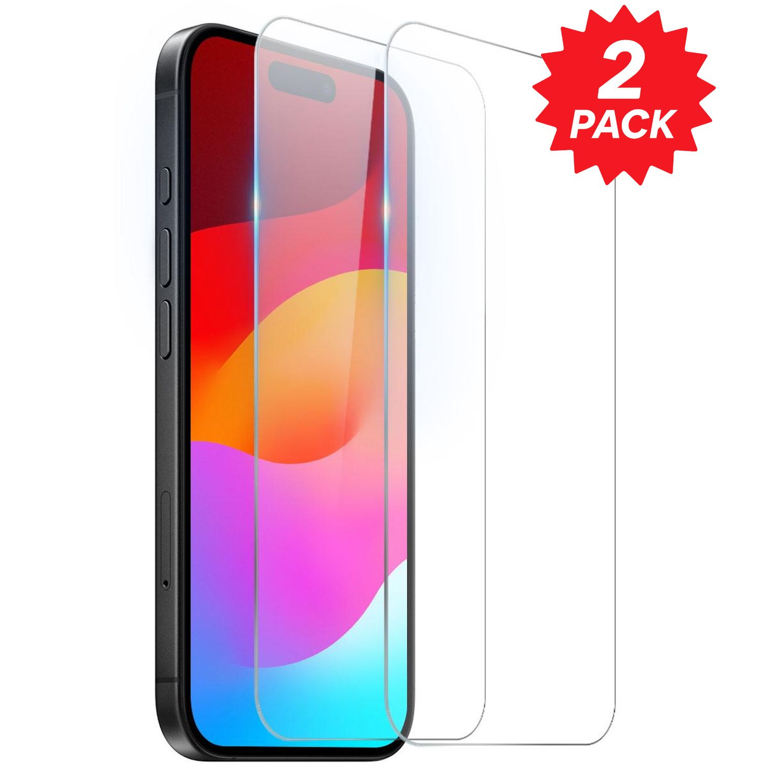 Ein schwarzes Smartphone mit einer Displayschutzfolie daneben und einem roten "2er PACK"-Aufkleber. Das Telefon hat ein farbenfrohes Display.