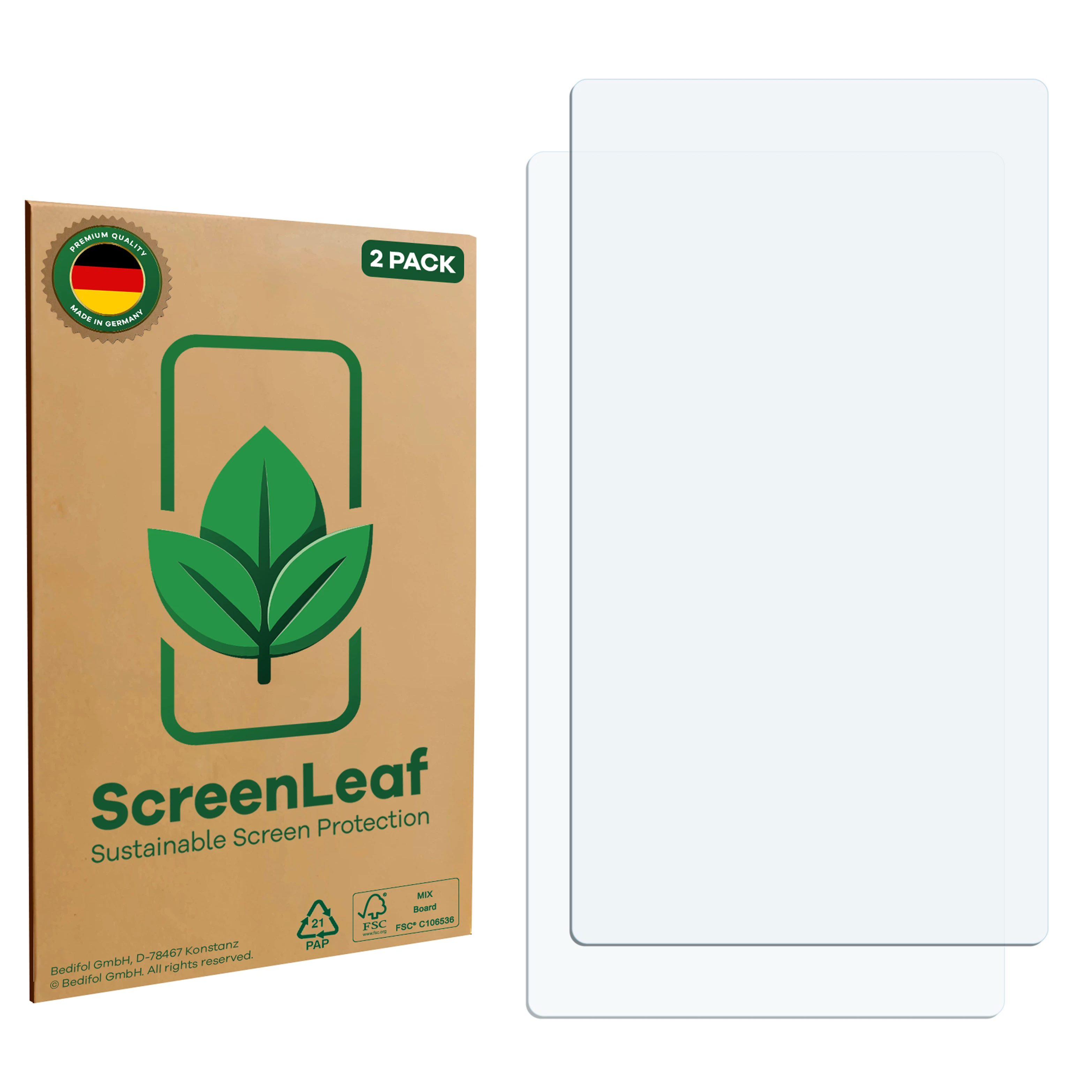 Eine Bildschirmschutzbox und zwei klare Bildschirmschutzfolien. Die Schachtel ist braun mit einem grünen Blattlogo.
