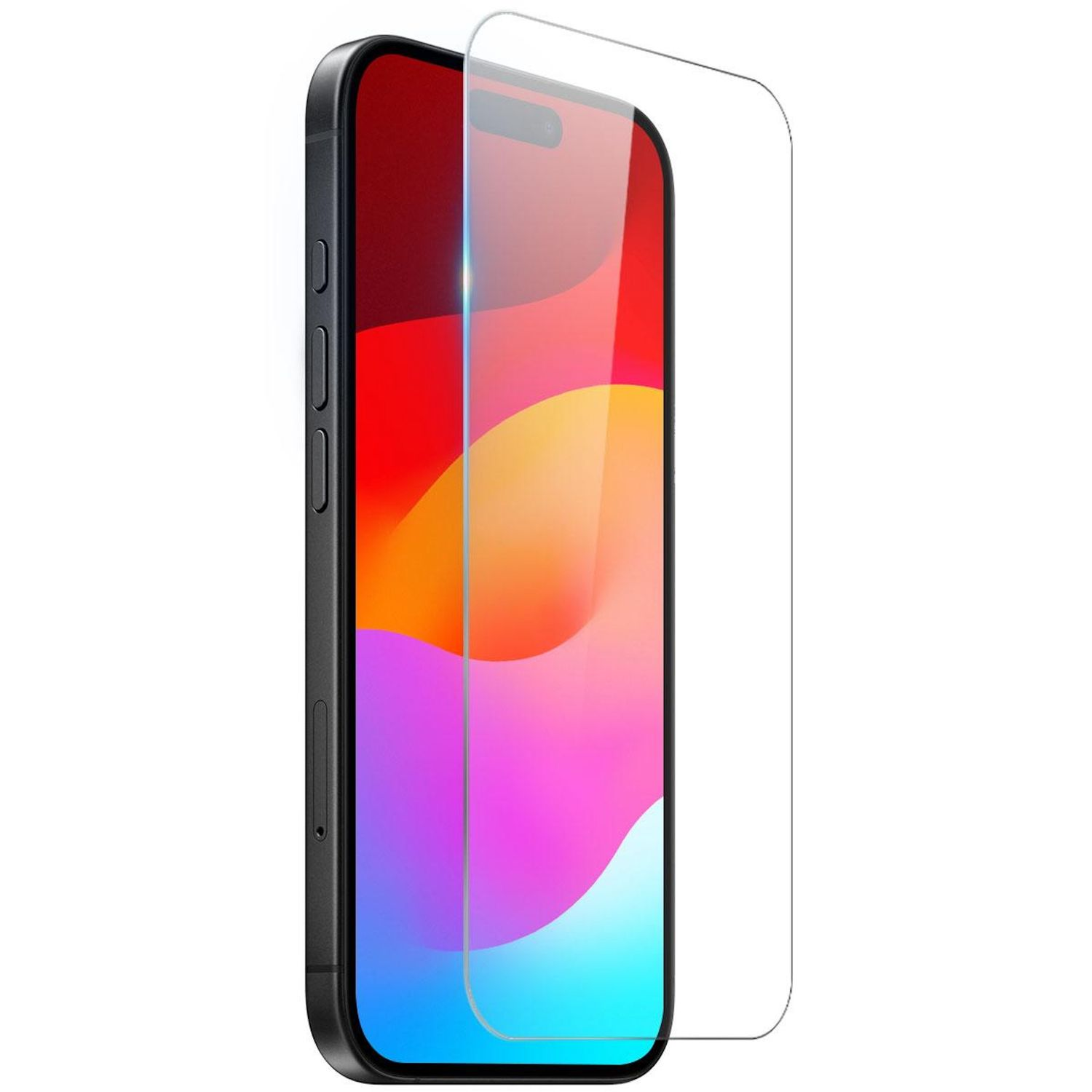 Ein schwarzes Smartphone mit Displayschutzfolie. Der Bildschirm zeigt ein farbenfrohes, abstraktes Bild. Der Schutz ist klar.