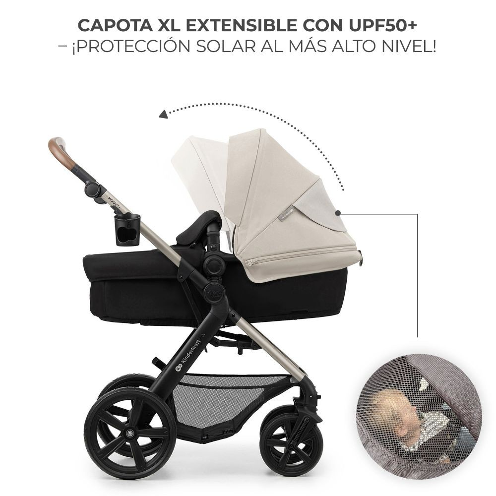 Ein Kinderwagen mit verlängertem beigen Verdeck und schwarzem Bassinett. Ein Baby ist durch ein Netzfenster sichtbar. Der Text lautet: CAPOTA XL EXTENSIBLE.