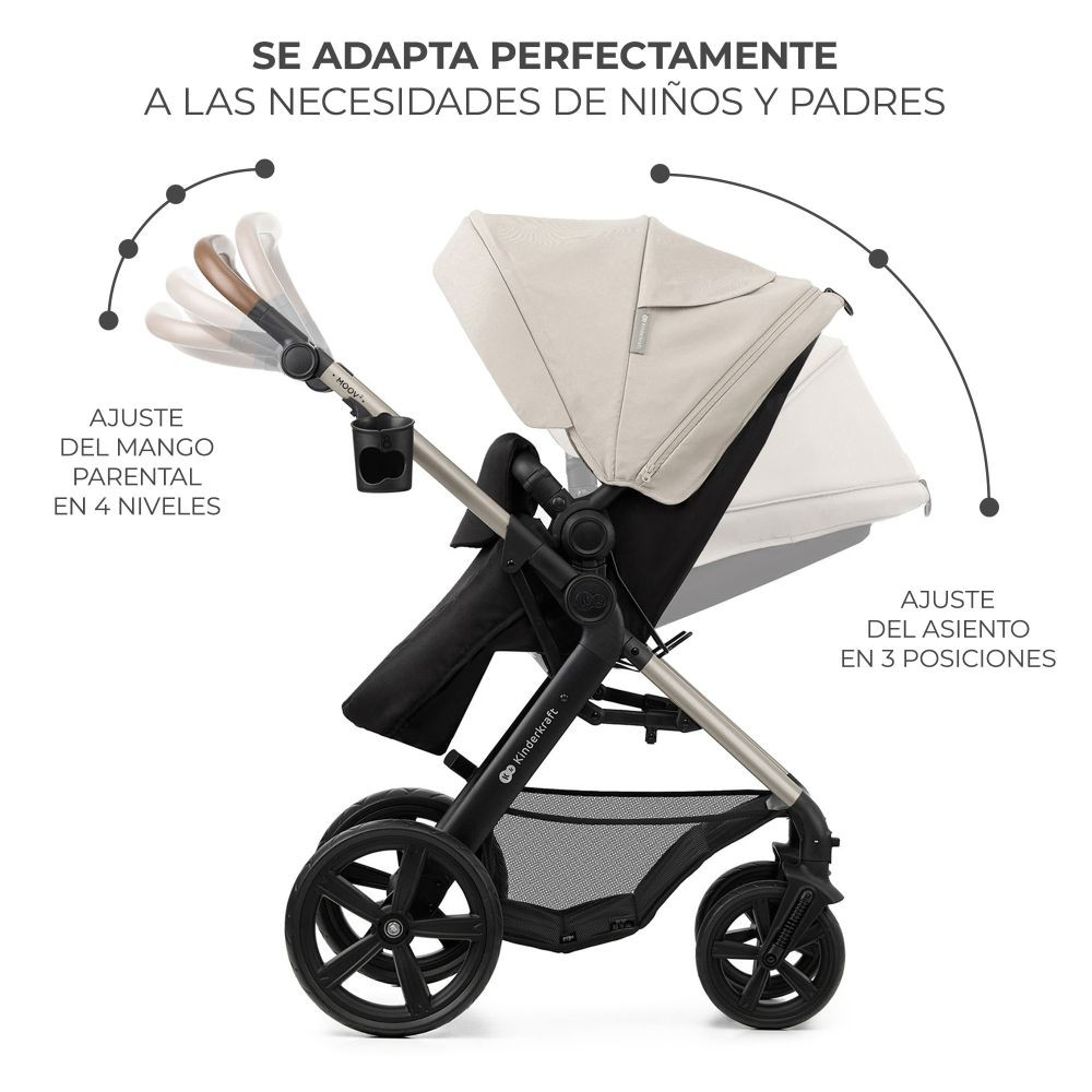 Ein beiger und schwarzer Kinderwagen mit Becherhalter. Merkmale sind verstellbarer Griff und Sitzpositionen für Kinder und Eltern.