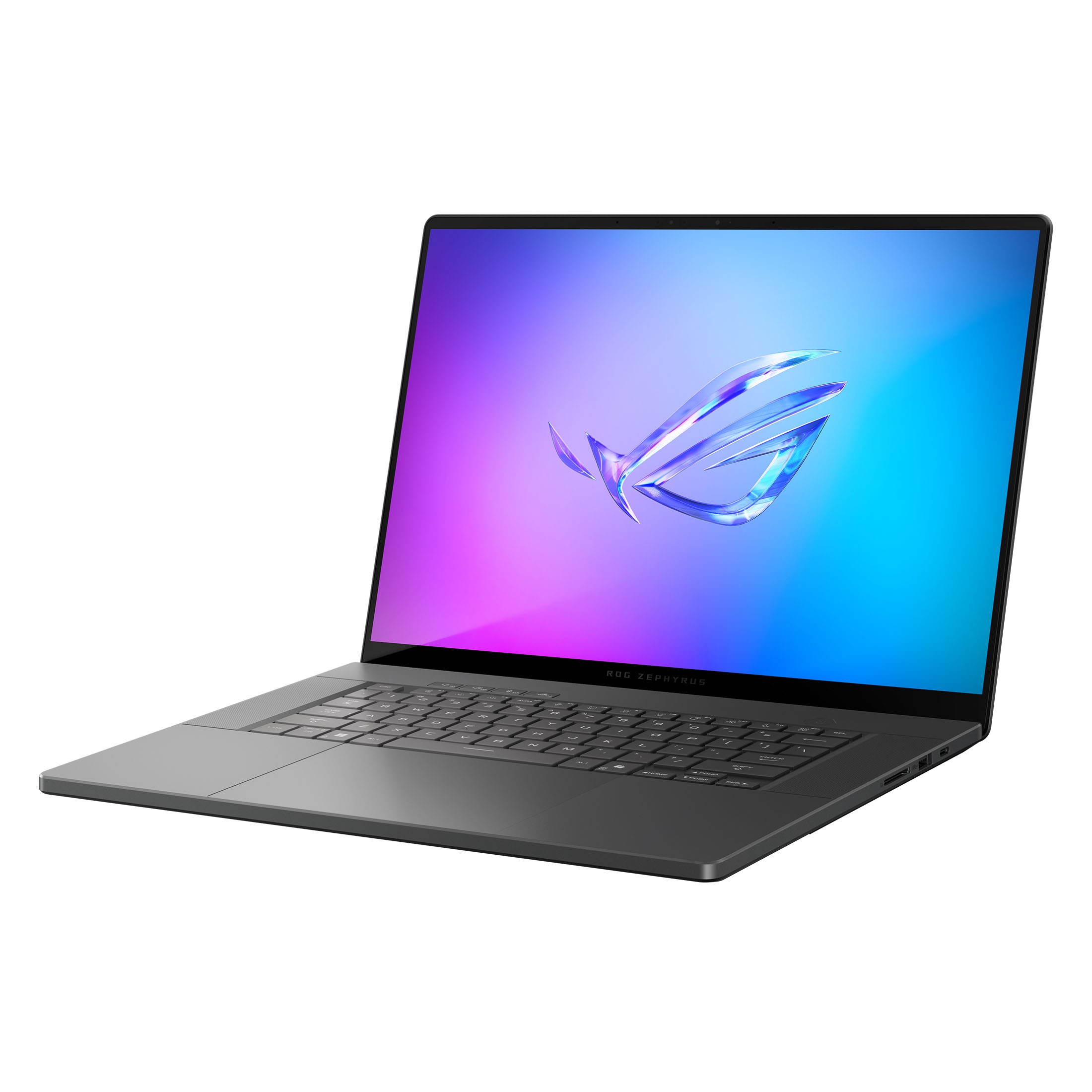 Ein grauer Laptop ist abgewinkelt. Der Bildschirm zeigt ein Logo vor einem Hintergrund aus Lila und Blau.