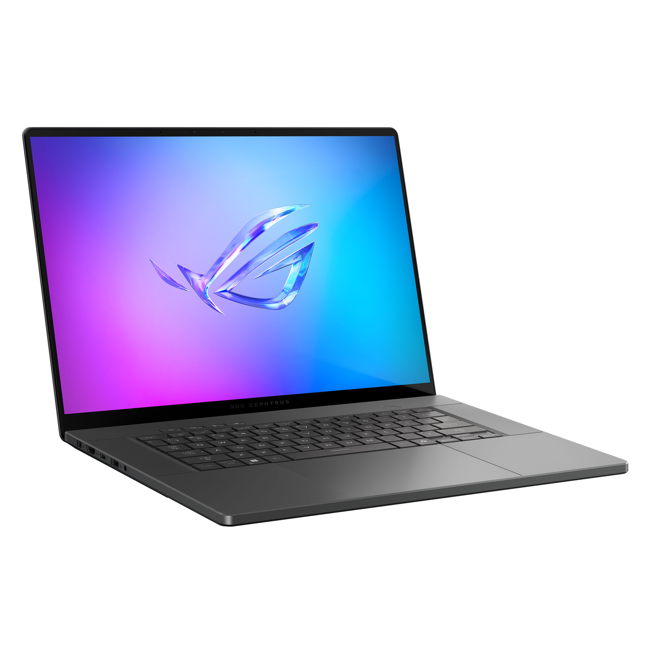Ein dunkelgrauer Laptop wird in einem Winkel angezeigt. Der Bildschirm zeigt ein Logo vor einem Farbverlaufshintergrund.