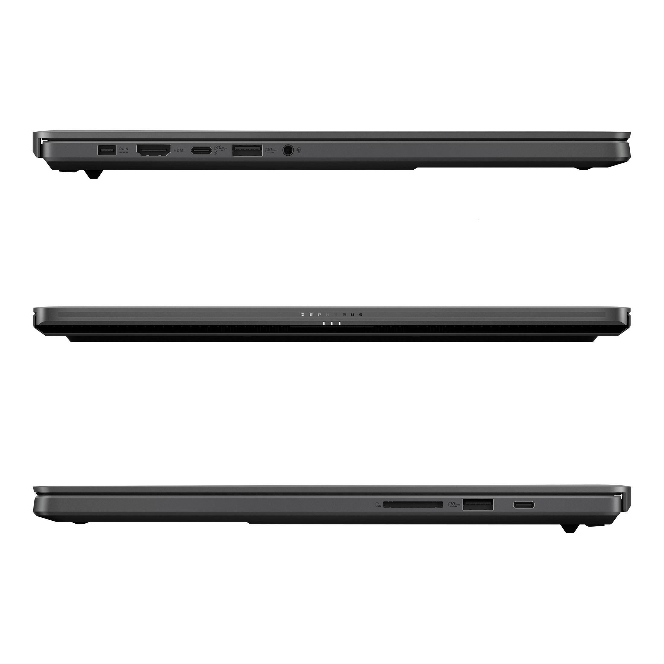 Drei Ansichten eines dunkelgrauen Laptops. Oben: Anschlüsse. Mitte: Tastatur. Unten: Anschlüsse. Alles auf weißem Hintergrund.