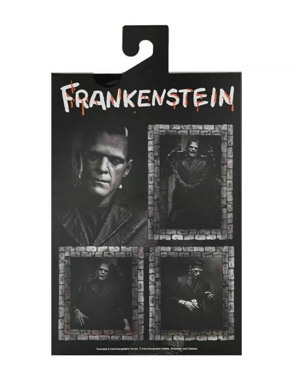 Frankenstein resimlerinin bulunduğu siyah kutu. Üst kısım: Kan damlalarıyla Frankenstein başlığı. Alt kısım: Frankenstein figürünün çeşitli pozlardaki resimleri.