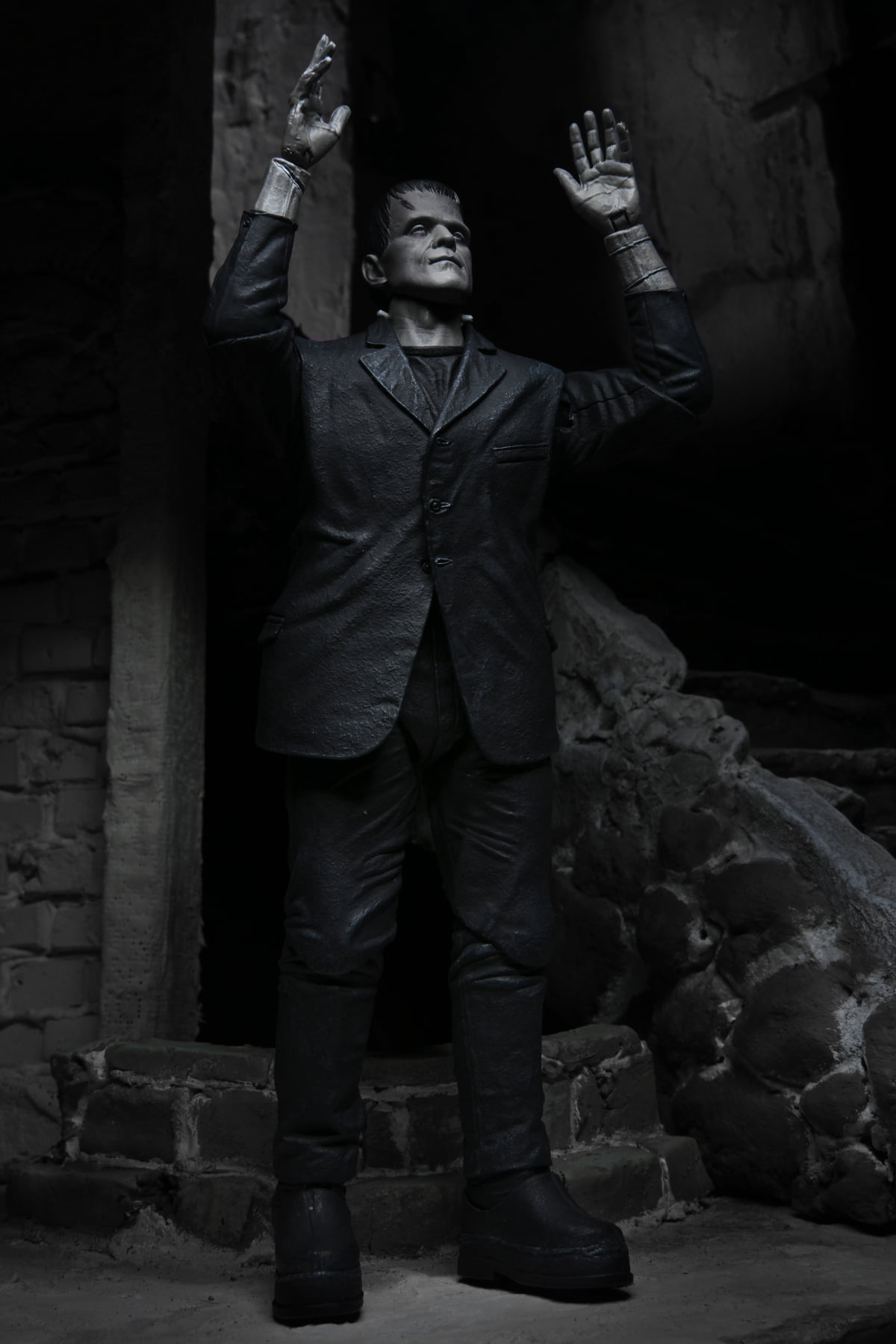 Frankenstein'ın canavarı karanlık bir ortamda kollarını kaldırıyor. Siyah bir takım elbise giyiyor ve teni gri. Arka planda kaya ve tuğla var.