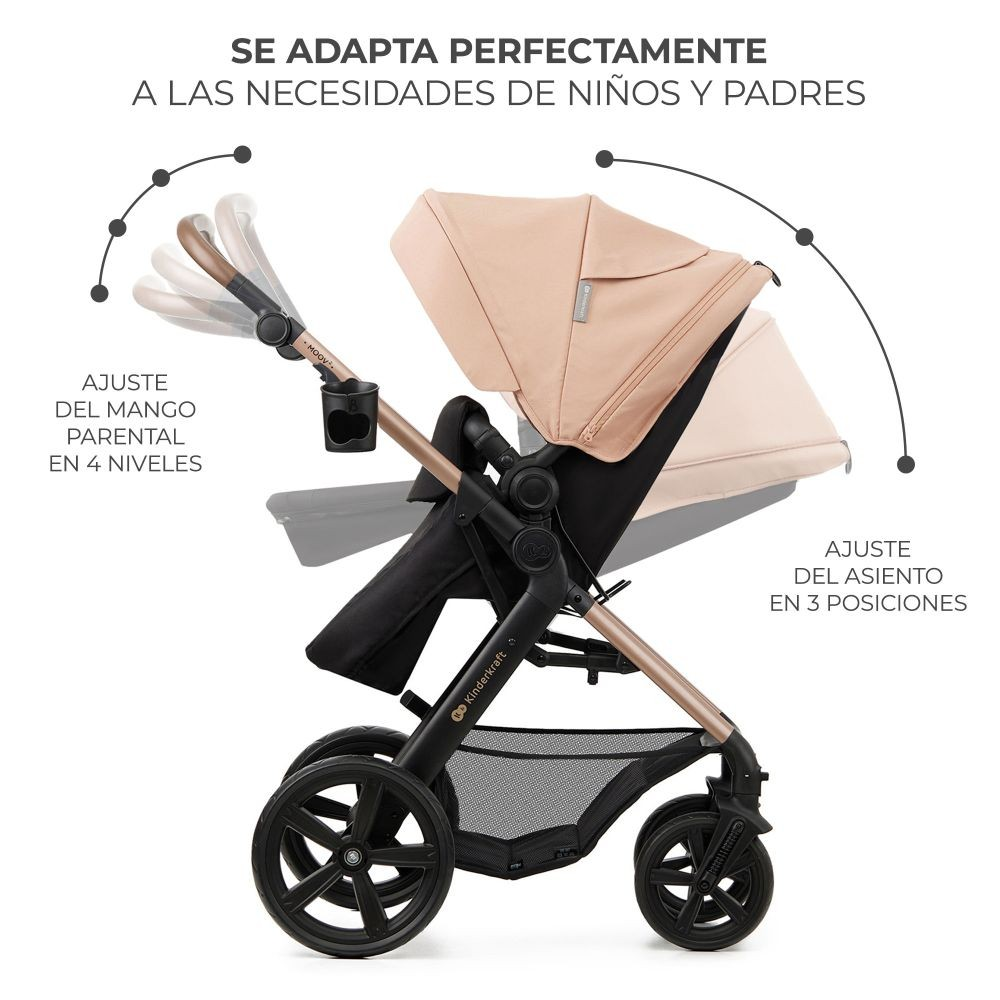 Ein beige-schwarzer Kinderwagen mit verstellbarem Griff und Sitzpositionen, für Kinder und Eltern konzipiert. Er hat einen Becherhalter.