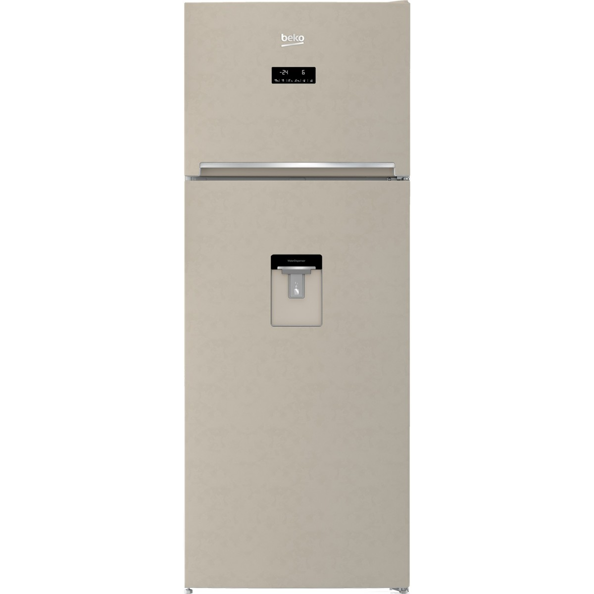 Un frigorifero Beko beige con congelatore superiore. Ha un display digitale, un distributore d'acqua e una maniglia argentata.