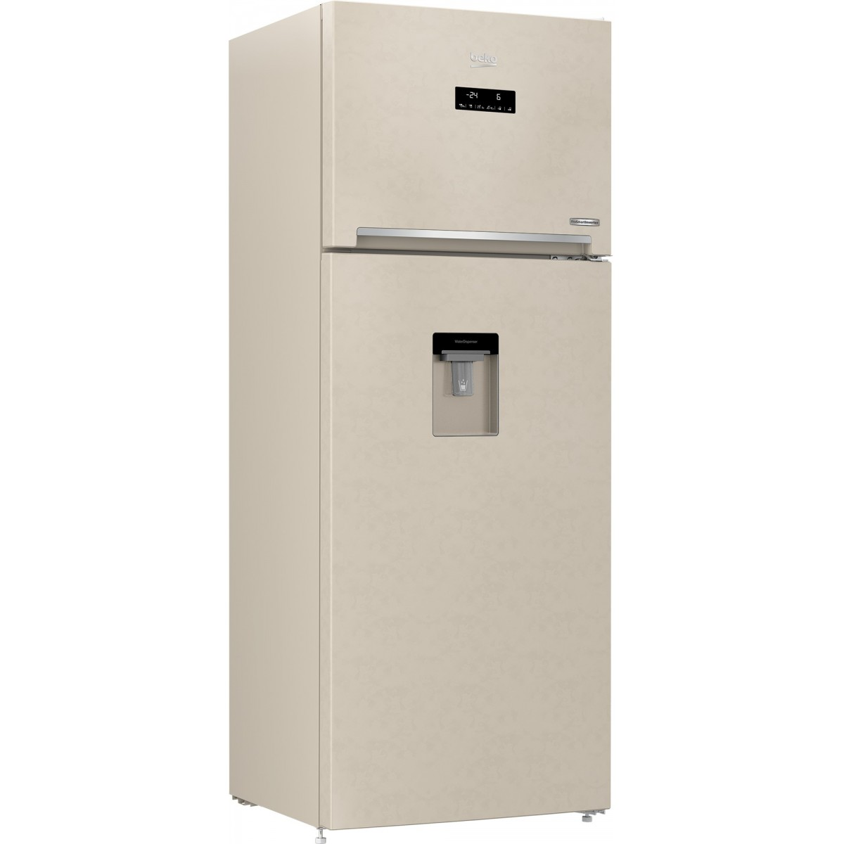 Un frigorifero Beko beige. Ha un display digitale, un erogatore d'acqua e una maniglia. Il frigorifero è su sfondo bianco.