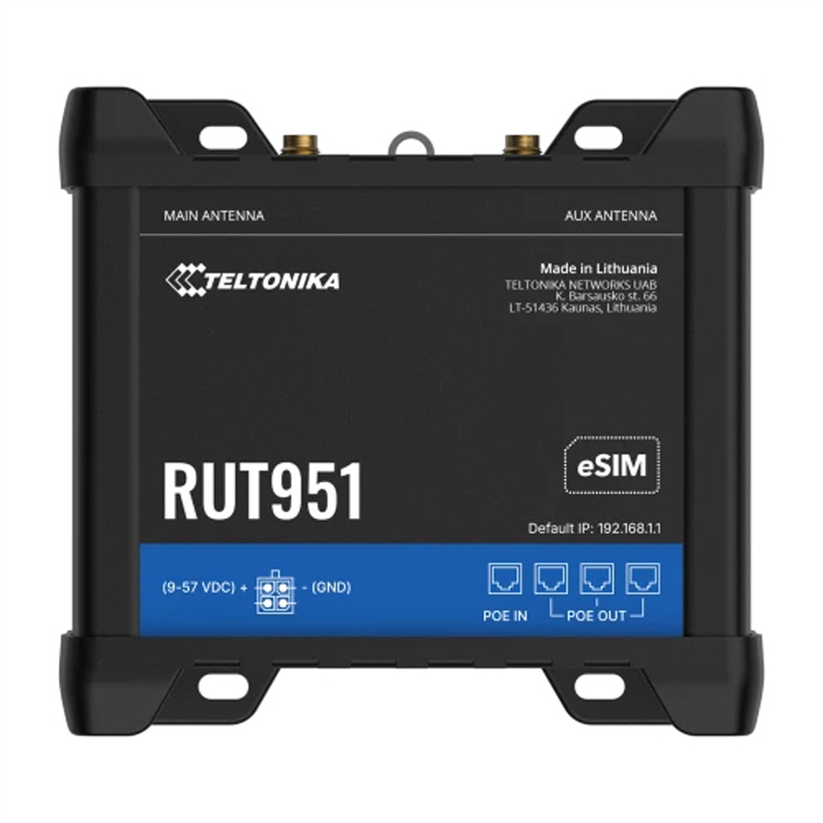 Schwarzer Teltonika RUT951 Router mit Antennen, Anschlüssen und eSim-Etikett. Text enthält 'Made in Lithuania' und IP-Adresse.