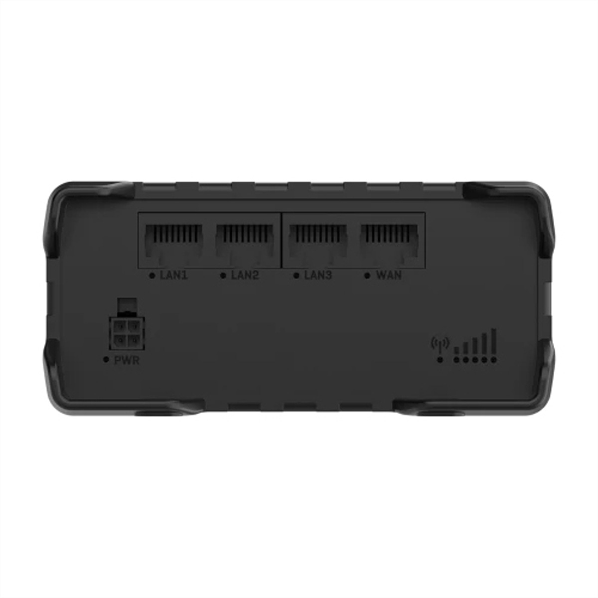 Ein schwarzer Router mit Anschlüssen LAN1, LAN2, LAN3 und WAN. Er hat einen Stromanschluss und Signalstärkeanzeigen.
