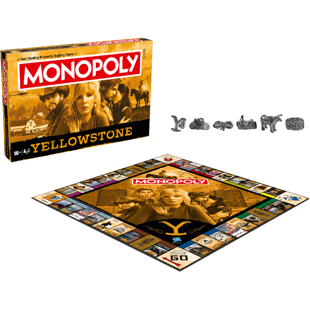 Gioco da tavolo Monopoly Yellowstone con scatola, pedine e tabellone. La scatola mostra il cast. Il tabellone ha gli spazi di gioco. I pezzi includono un cappello.
