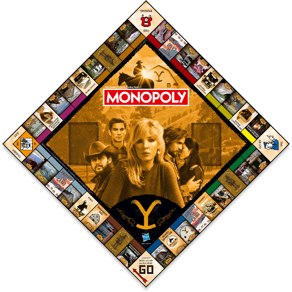 Gioco da tavolo Monopoly con personaggi e immagini di Yellowstone. Il tabellone è a forma di diamante con caselle sui bordi.
