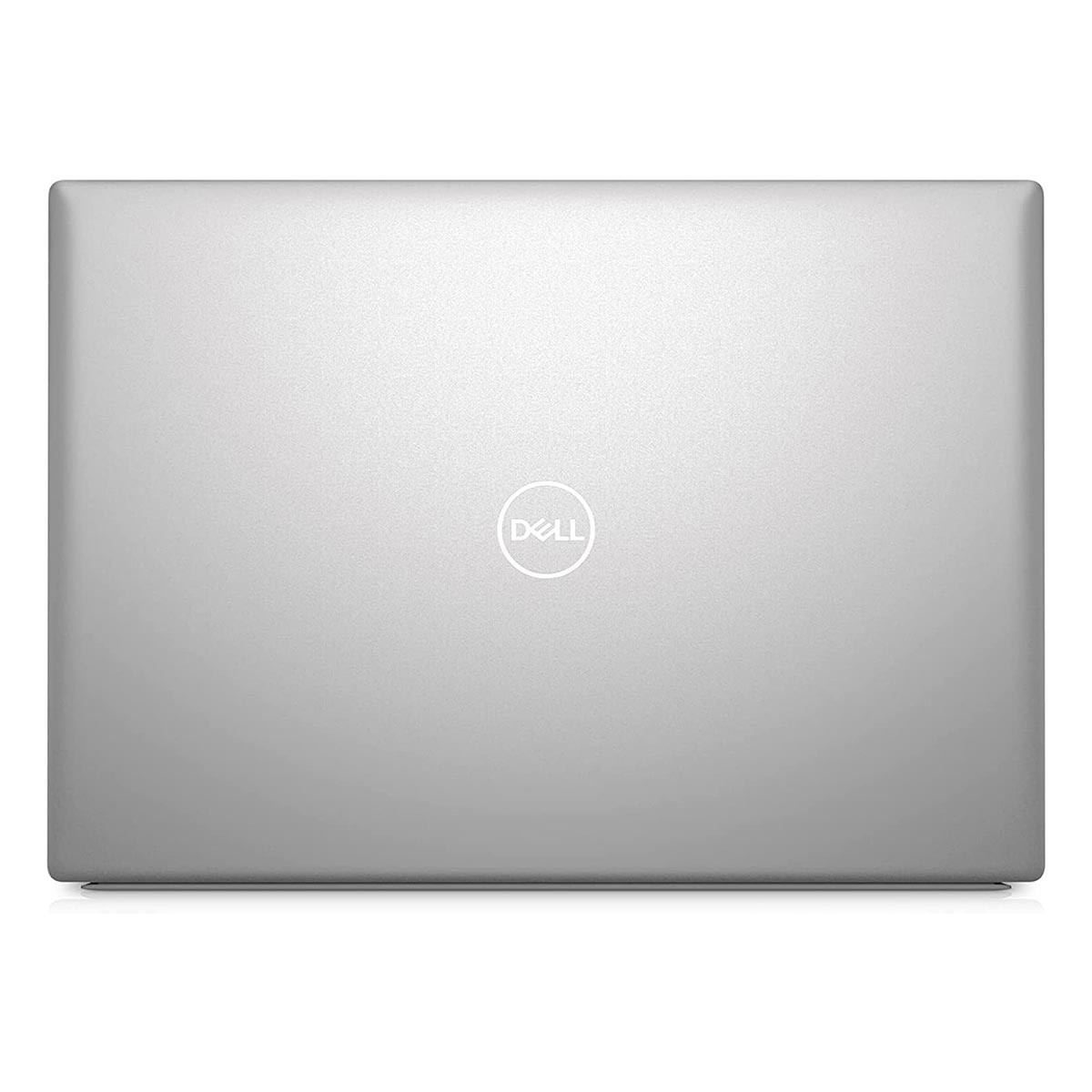 Zamknięty, srebrny laptop Dell. Logo Dell jest wyśrodkowane na pokrywie. Tło jest jednolicie białe.