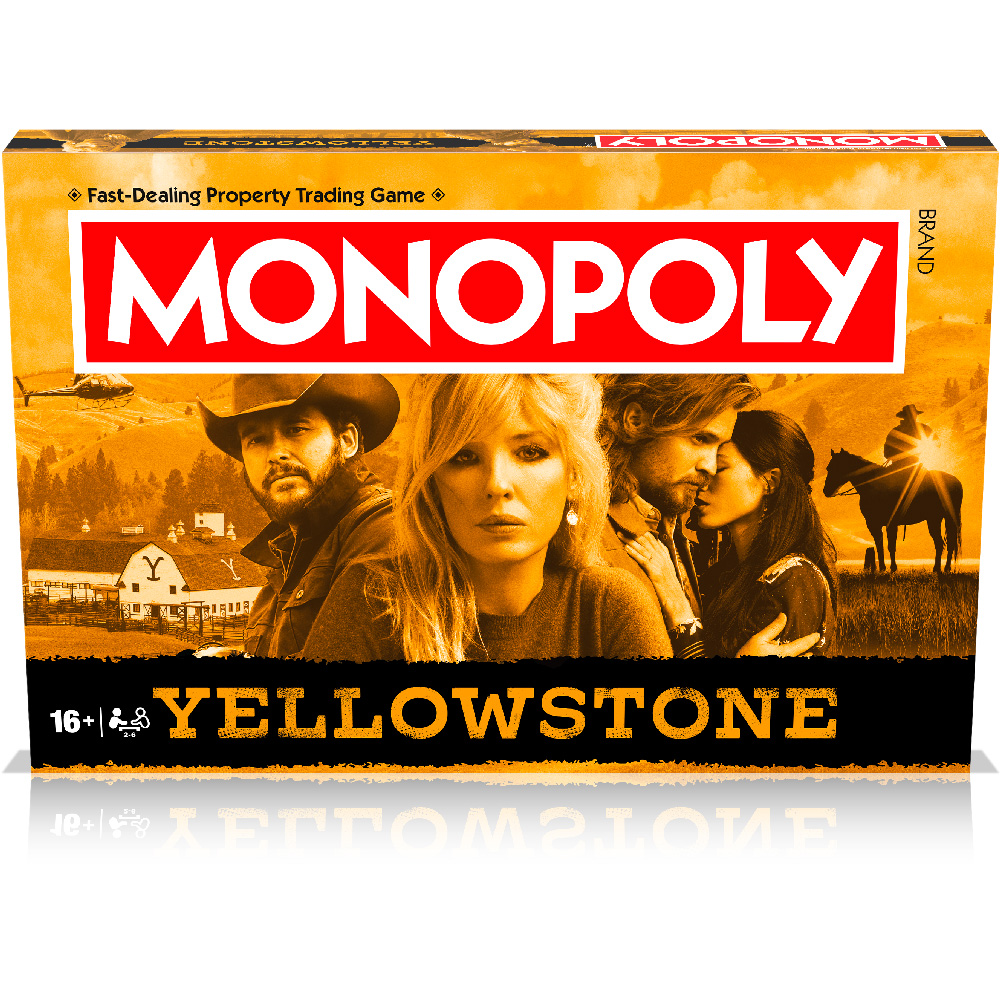 Gioco da tavolo Monopoly Yellowstone. La scatola mostra attori, un elicottero e un cowboy a cavallo, in un paesaggio western.