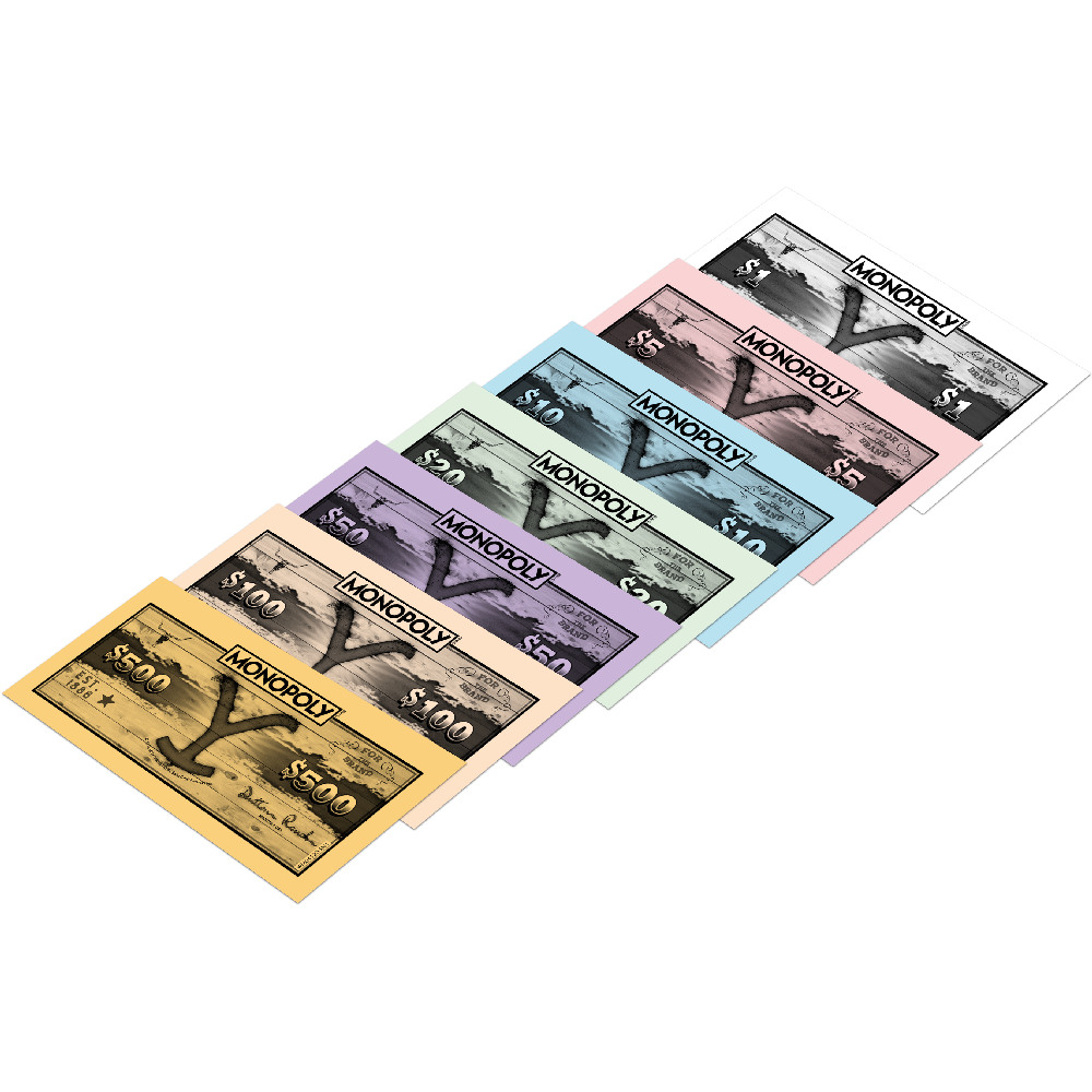 Banconote Monopoly di diverse denominazioni (da $1 a $500) disposte in diagonale. Ogni banconota è di un colore diverso e presenta il logo Monopoly.