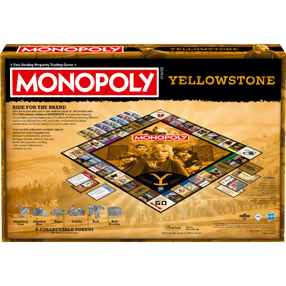 Scatola del gioco da tavolo Monopoly Yellowstone. Presenta il tabellone, i personaggi e i gettoni da collezione.