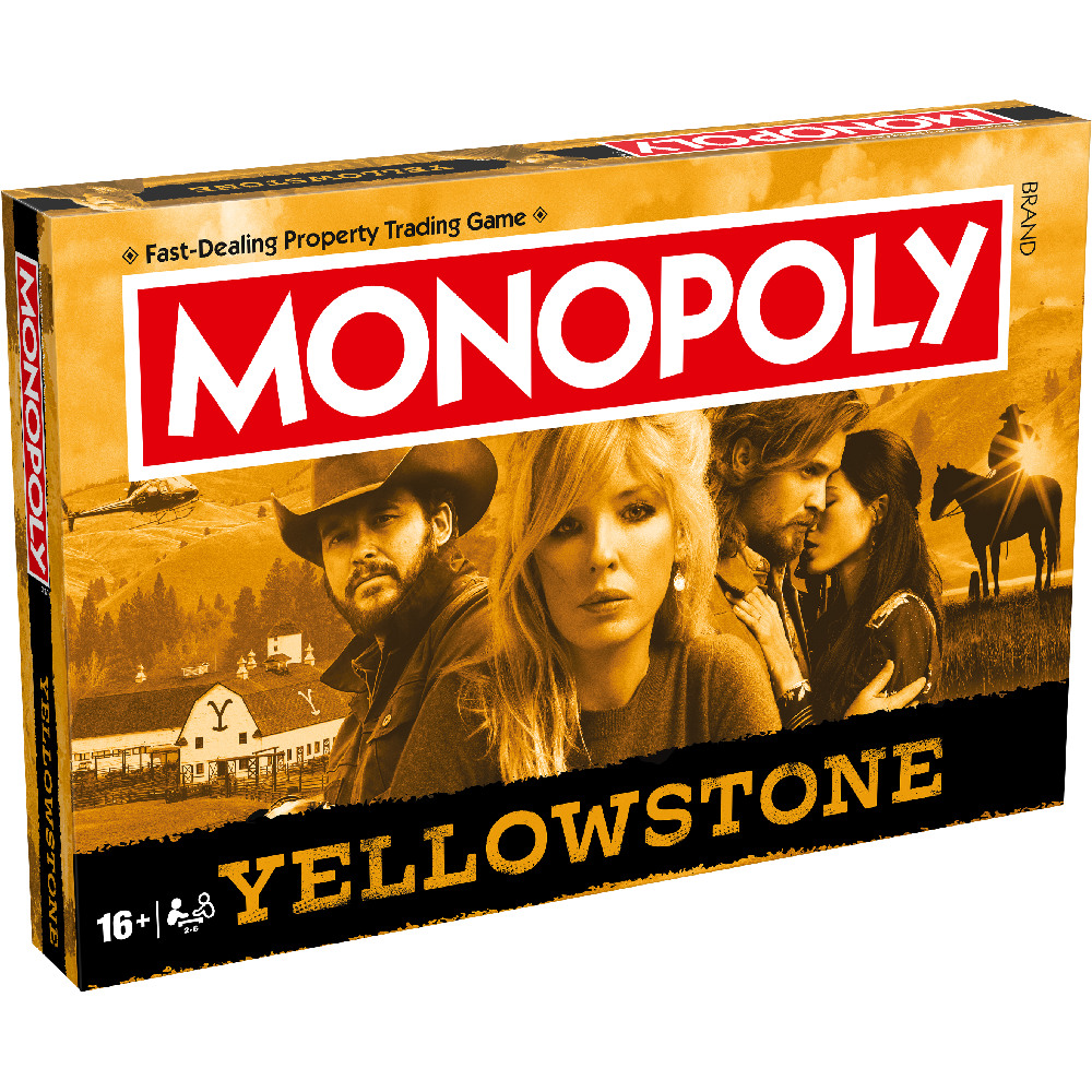 Gioco da tavolo Monopoly Yellowstone. La scatola presenta immagini di personaggi, un elicottero e un ranch. È giallo e nero.
