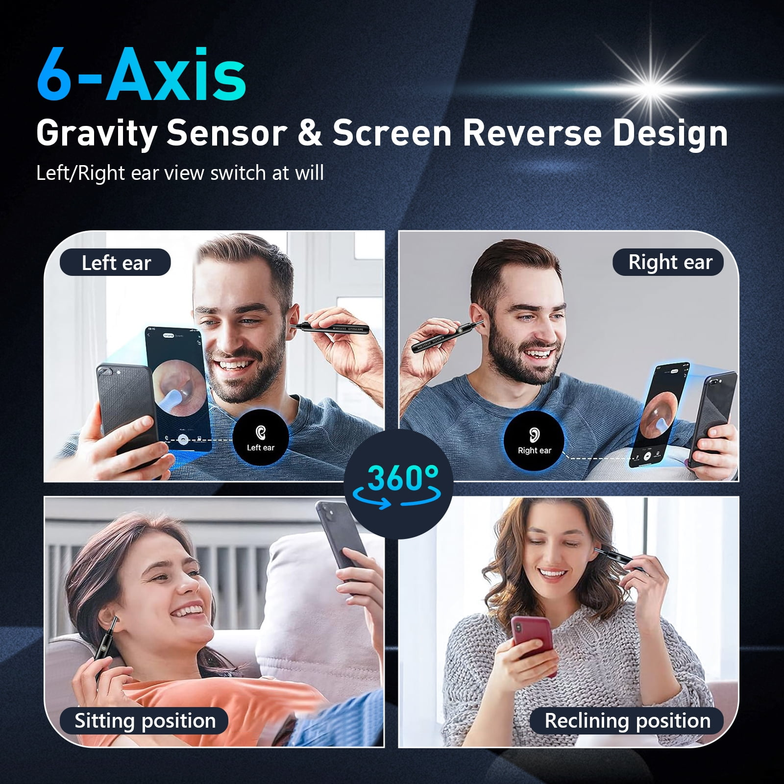 Das Bild zeigt Personen, die ein Gerät verwenden, um ihre Ohren zu betrachten. Es hat einen 6-Achsen-Schwerkraftsensor und ein Bildschirm-Reverse-Design.