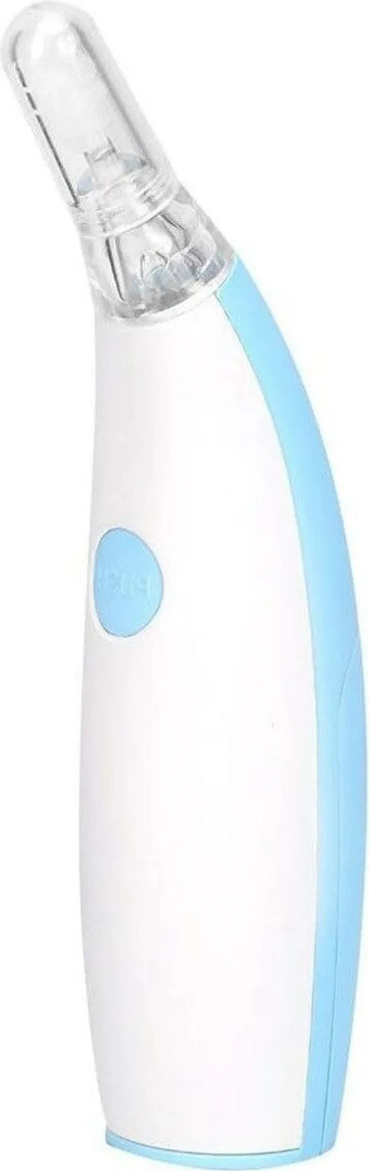 Ein weiß-blaues Nasensauger. Es hat eine transparente Spitze, eine blaue Taste und blaue Akzente. Das Gerät befindet sich auf weißem Hintergrund.