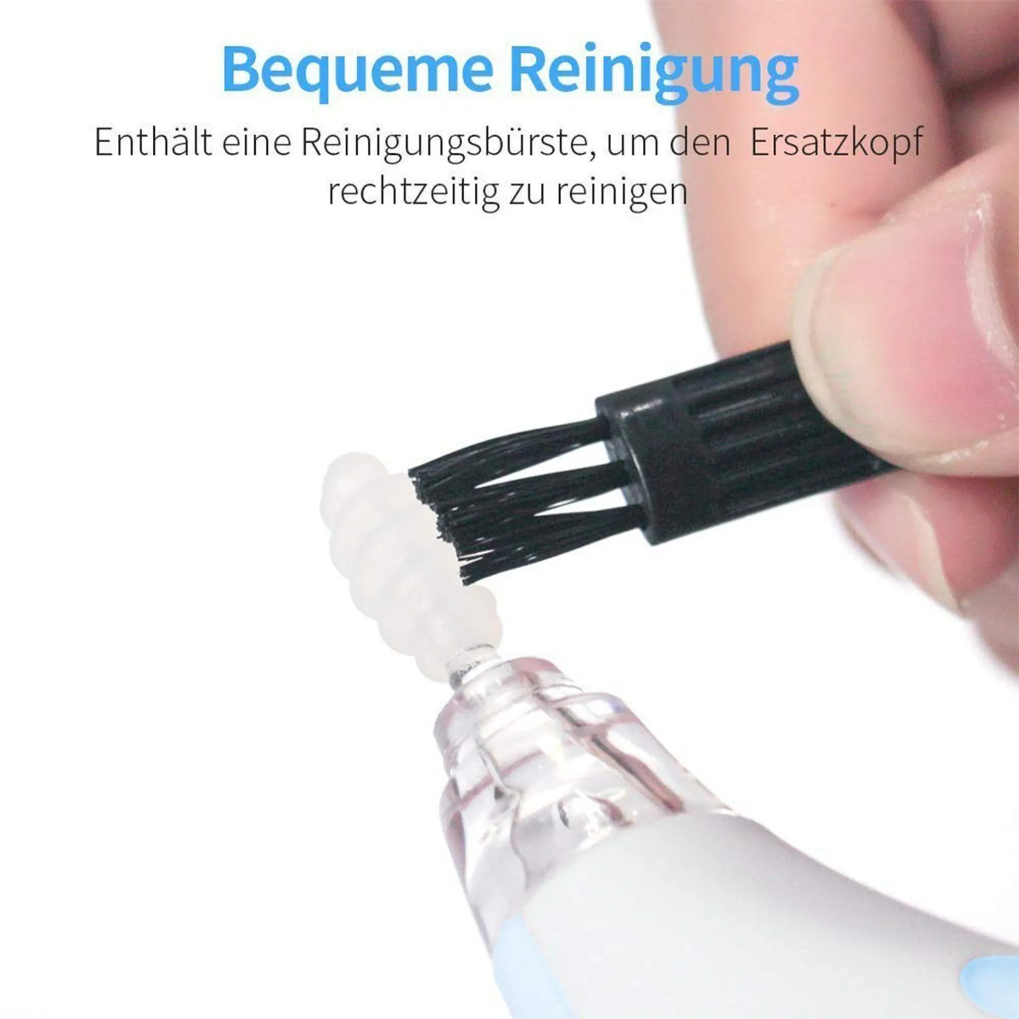Eine Hand hält eine schwarze Bürste, um einen weißen Kopf zu reinigen. Text im Hintergrund: 'Einfache Reinigung'.