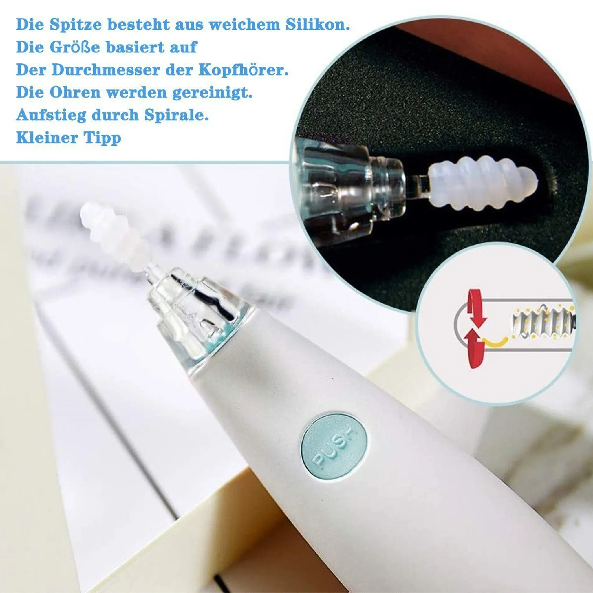 Ein Ohrreinigungswerkzeug mit weicher Silikonspitze, Detailansicht und Diagramm seiner Spiralwirkung.