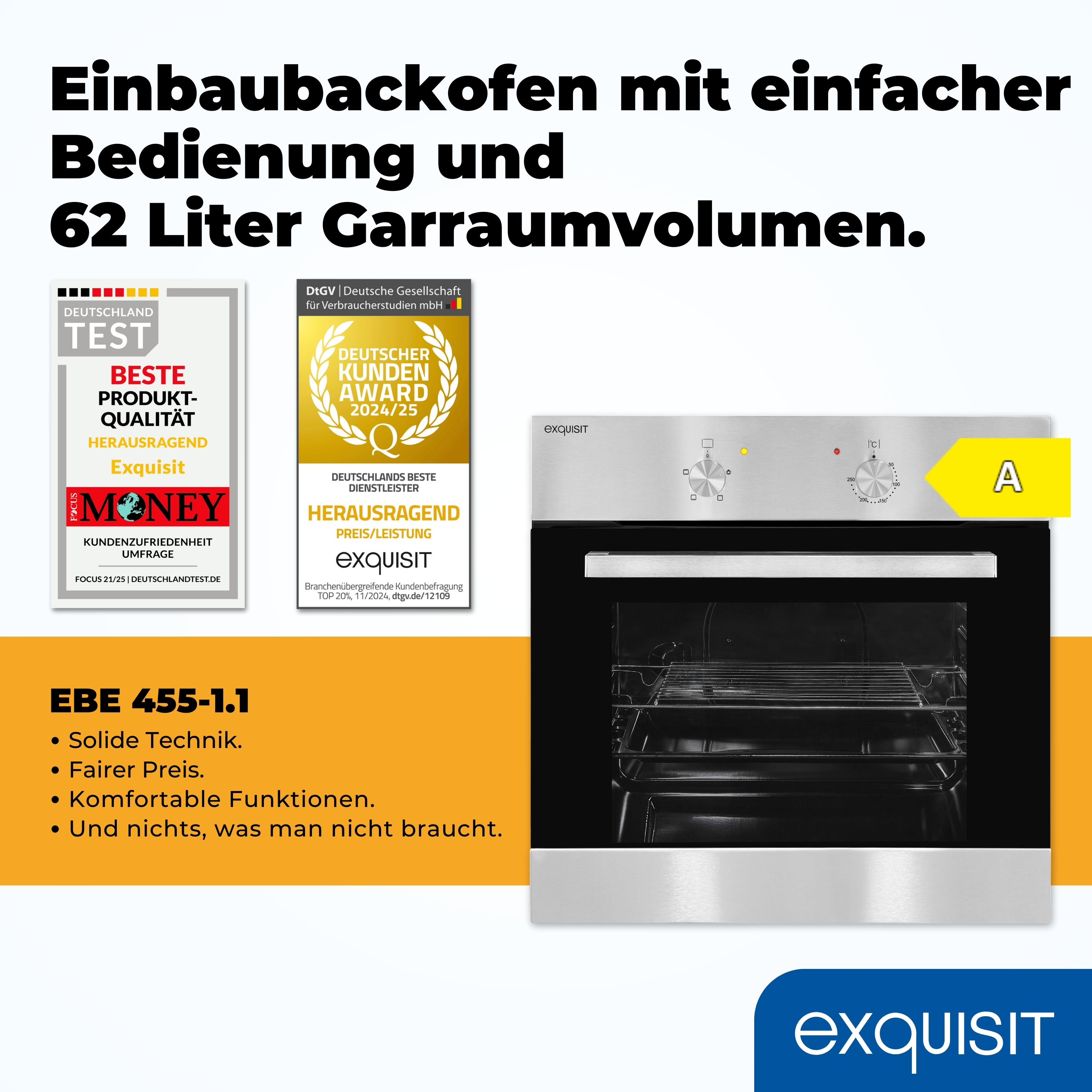Ein Backofen mit Text, Logos und Energieeffizienzklasse. Der Ofen ist aus Edelstahl. Er hat Bedienelemente und eine Glastür.