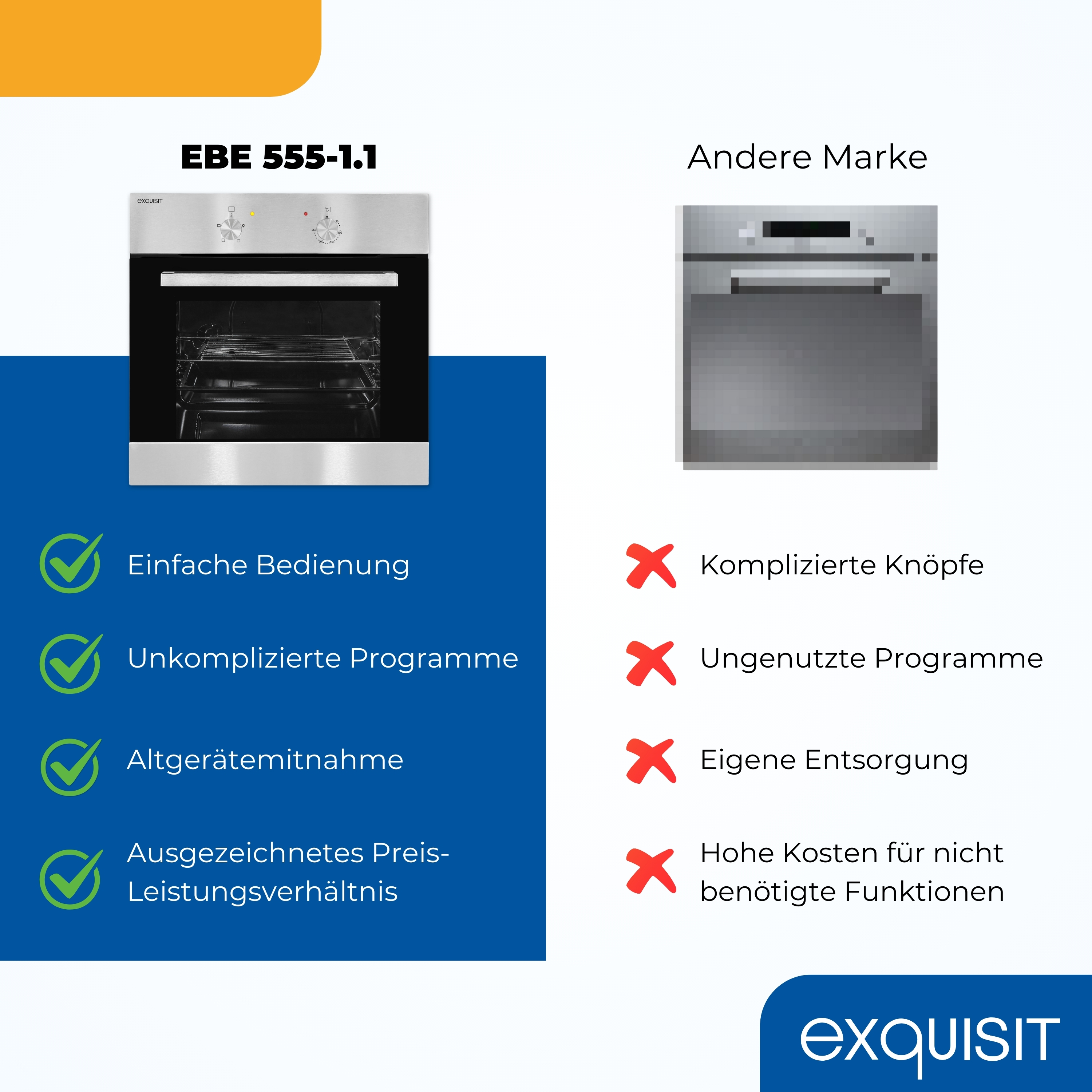 Das Bild vergleicht zwei Öfen. Links ist Exquisit EBE 555-1.1, rechts eine andere Marke. Merkmale und Nachteile sind aufgeführt.