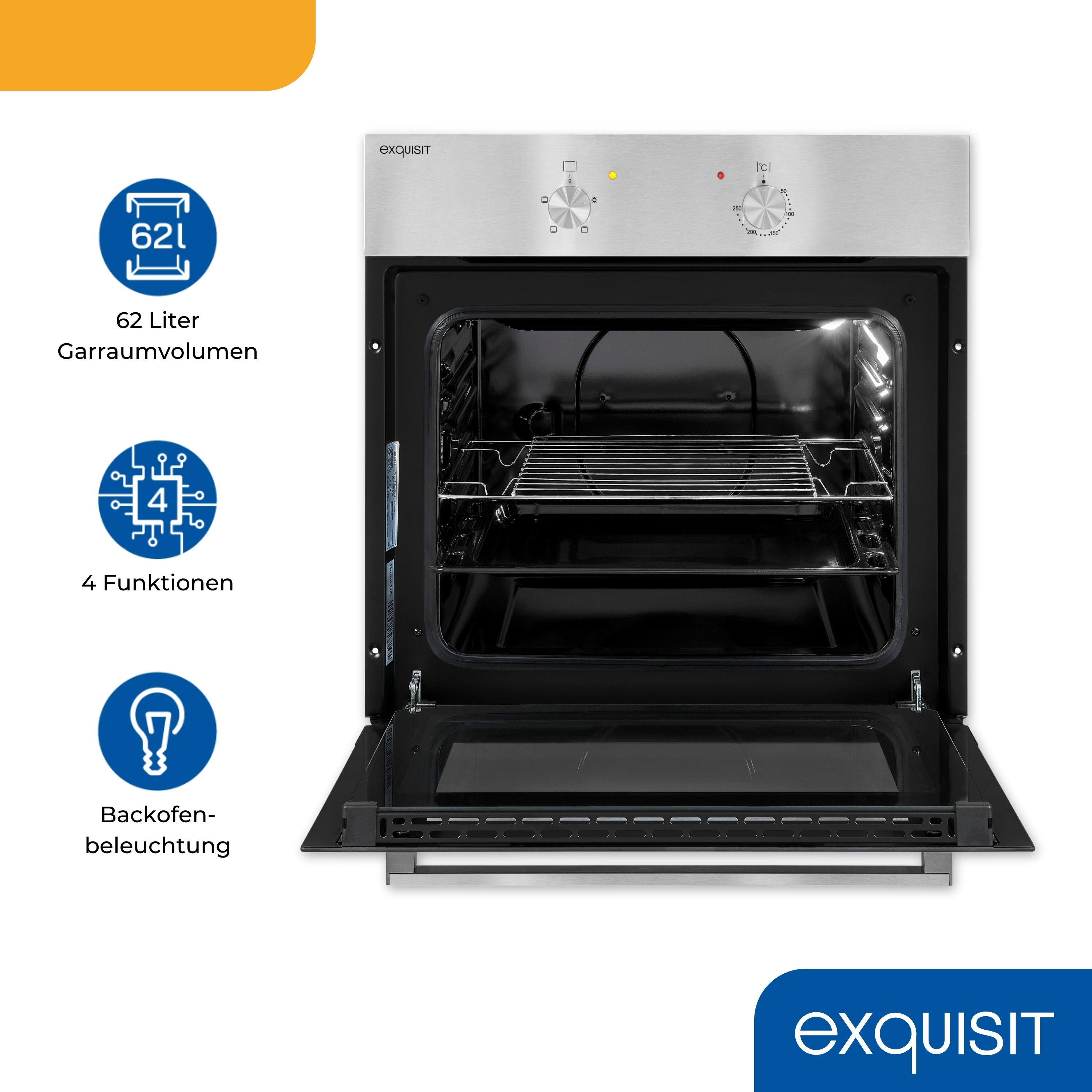 Offener Backofen mit Innenrost, Bedienelemente oben. Zeigt Funktionen und den Markennamen 'Exquisit'.