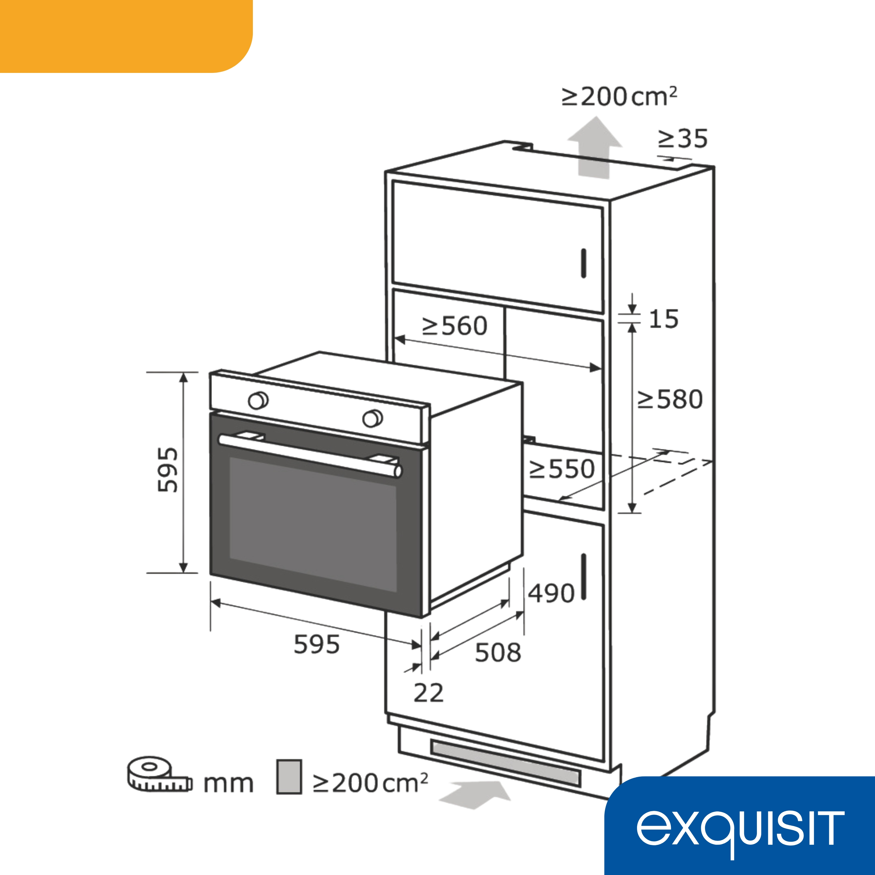 Ein Ofen und ein Schrank mit Abmessungen in mm und cm2. Der Markenname ist 'exquisit'.