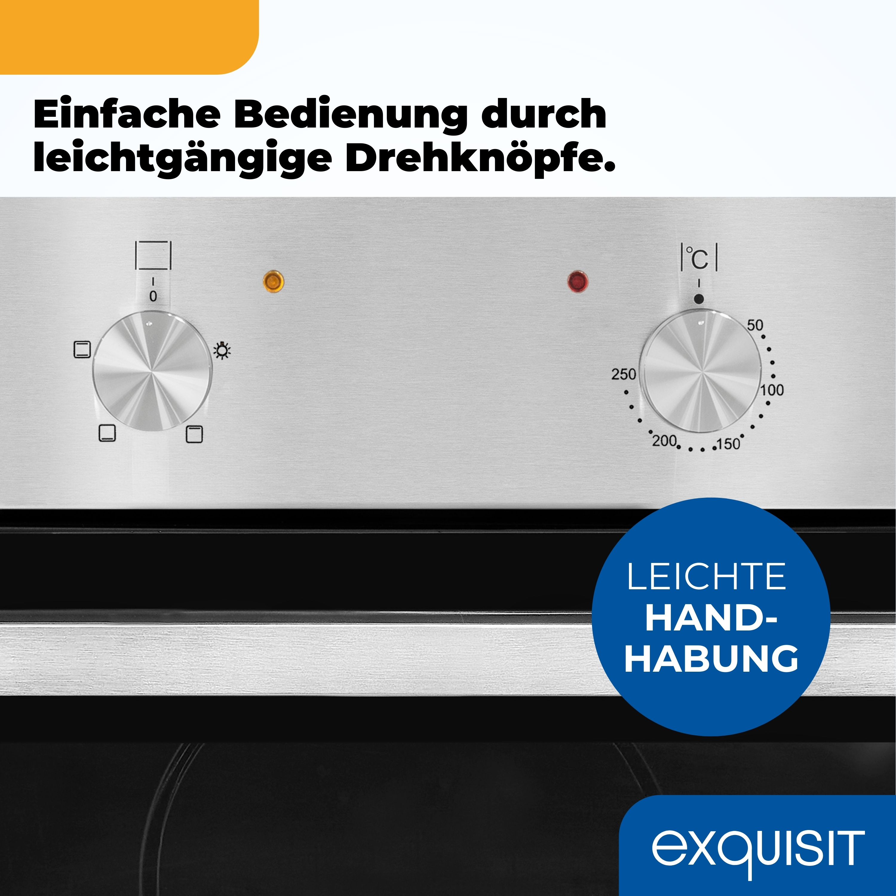 Backofen-Bedienfeld mit Knöpfen, Temperatureinstellungen und Kontrollleuchten. Blauer Kreis zeigt 'Einfache Handhabung'. Unten: 'exquisit'.