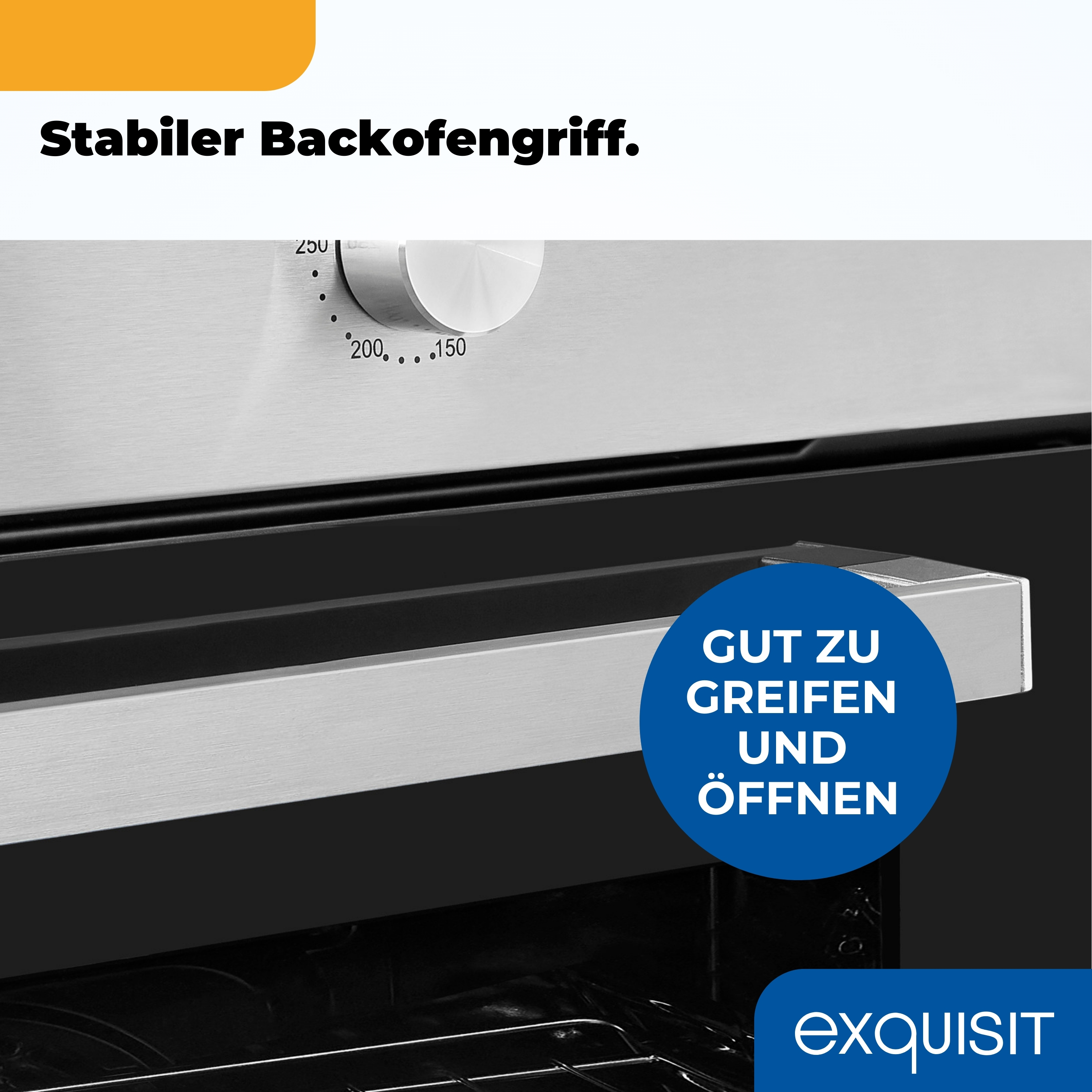 Ofendetail: Drehknopf, Griff und Text 'Gut zu greifen und öffnen.' mit blauem Kreis. Markenname 'exquisit'.