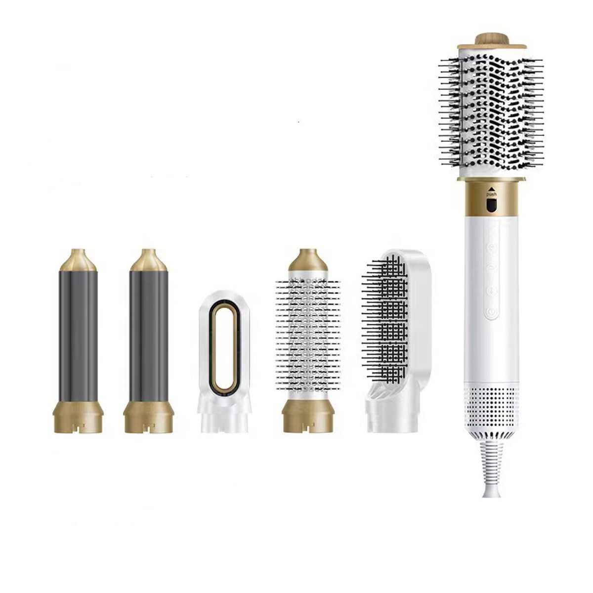 Ein weißes und goldenes Haarstyling-Werkzeug mit mehreren Aufsätzen. Enthält Rundbürste, Flachbürste und zylindrische Aufsätze, alles vor weißem Hintergrund.