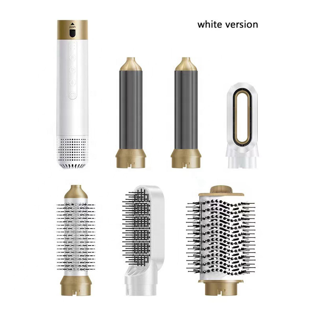 Ein weißes und goldenes Haarstyling-Werkzeug mit verschiedenen Aufsätzen. Enthält eine Haupteinheit und mehrere Bürsten- und Düsenköpfe.