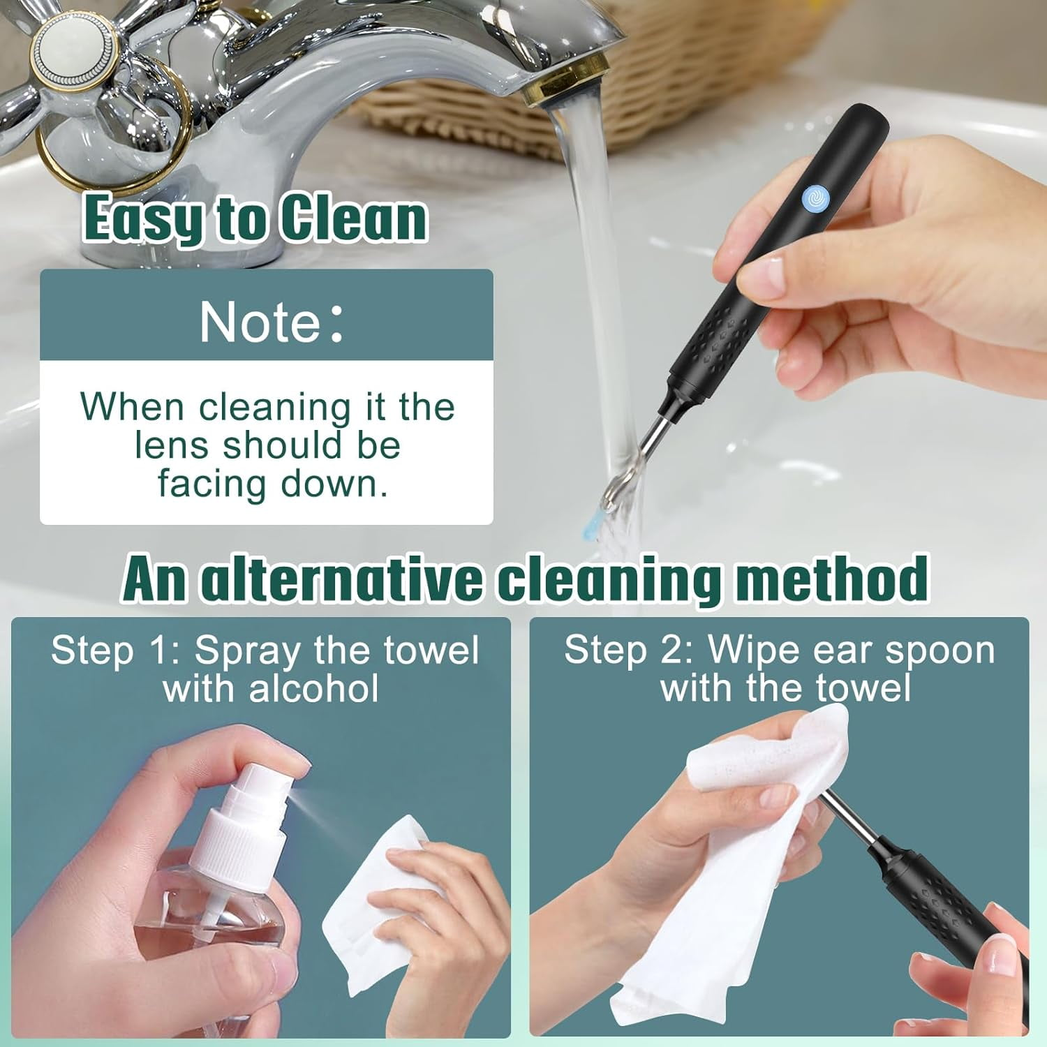 Das Bild zeigt ein Ohrreinigungswerkzeug und Anweisungen. Sprühen Sie Alkohol auf ein Handtuch und wischen Sie den Löffel ab. Text sagt 'Easy to Clean' und 'An alternative cleaning method'.