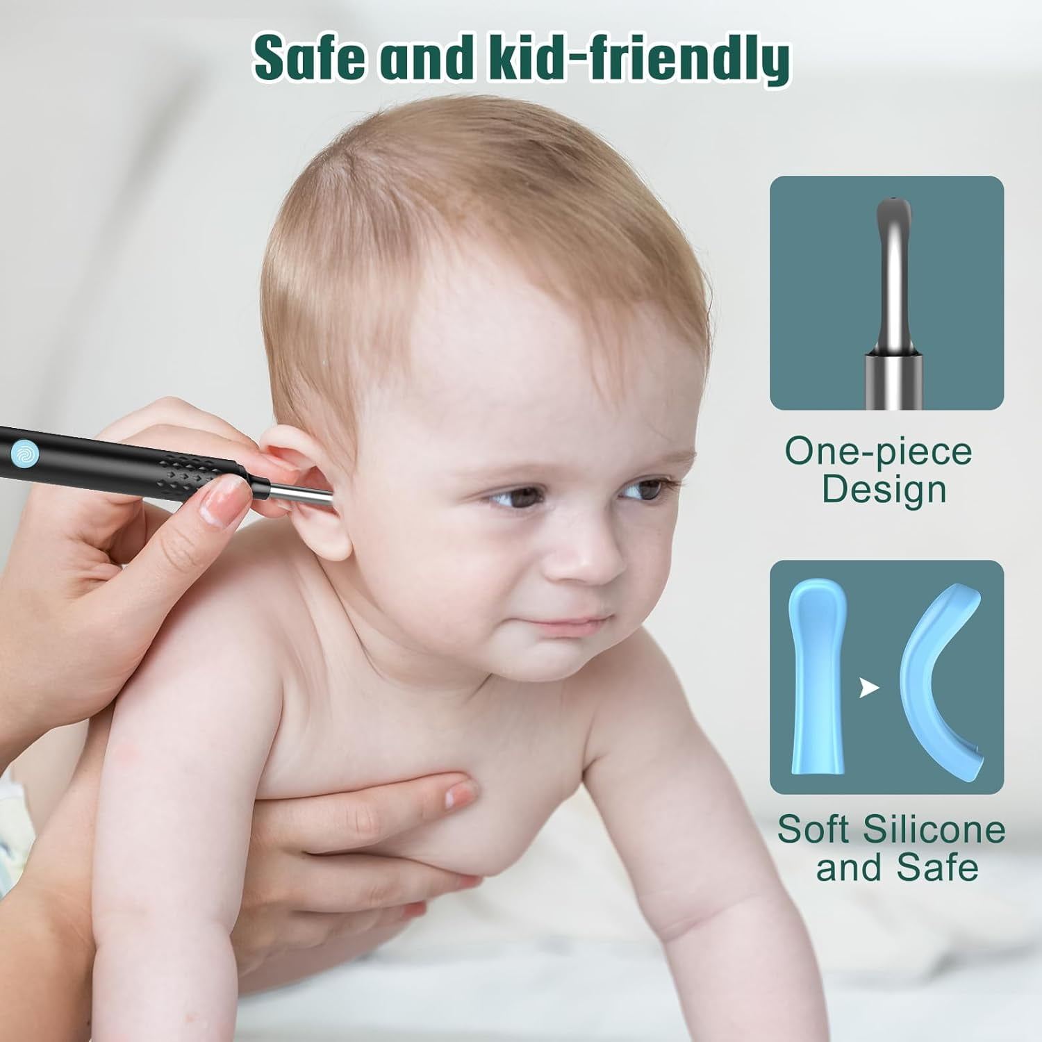 Das Ohr eines Babys wird mit einem schwarzen Ohrreiniger gereinigt. Das Bild enthält Produktdetails und den Text 'Sicher und kinderfreundlich'.