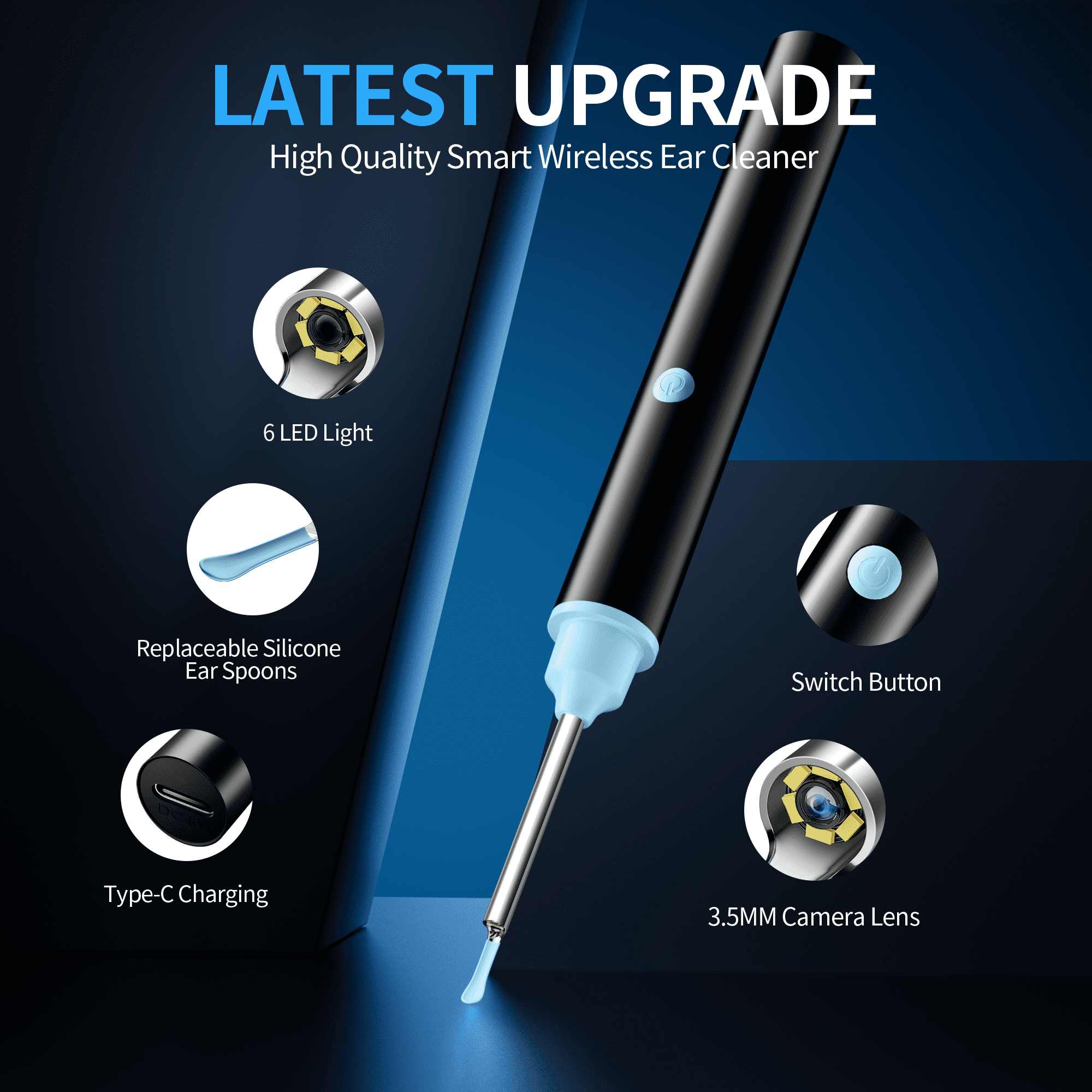 Ein Ohrreiniger mit schwarzem Gehäuse, blauen Akzenten und einer 3,5-mm-Kamera. Zu den Merkmalen gehören 6 LED-Leuchten und austauschbare Ohrlöffel.
