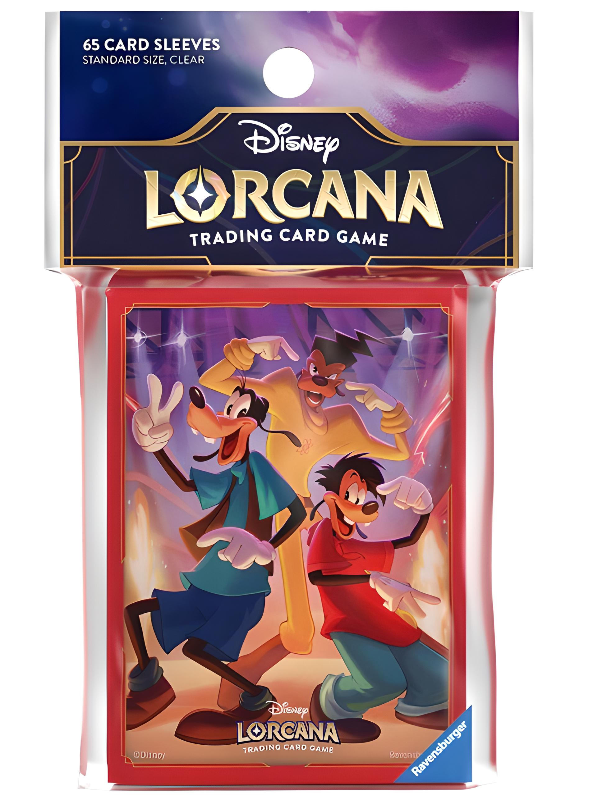 Kartenhüllen-Verpackung. Es zeigt Goofy, Max und eine andere Figur. Das Disney Lorcana-Logo befindet sich unten.