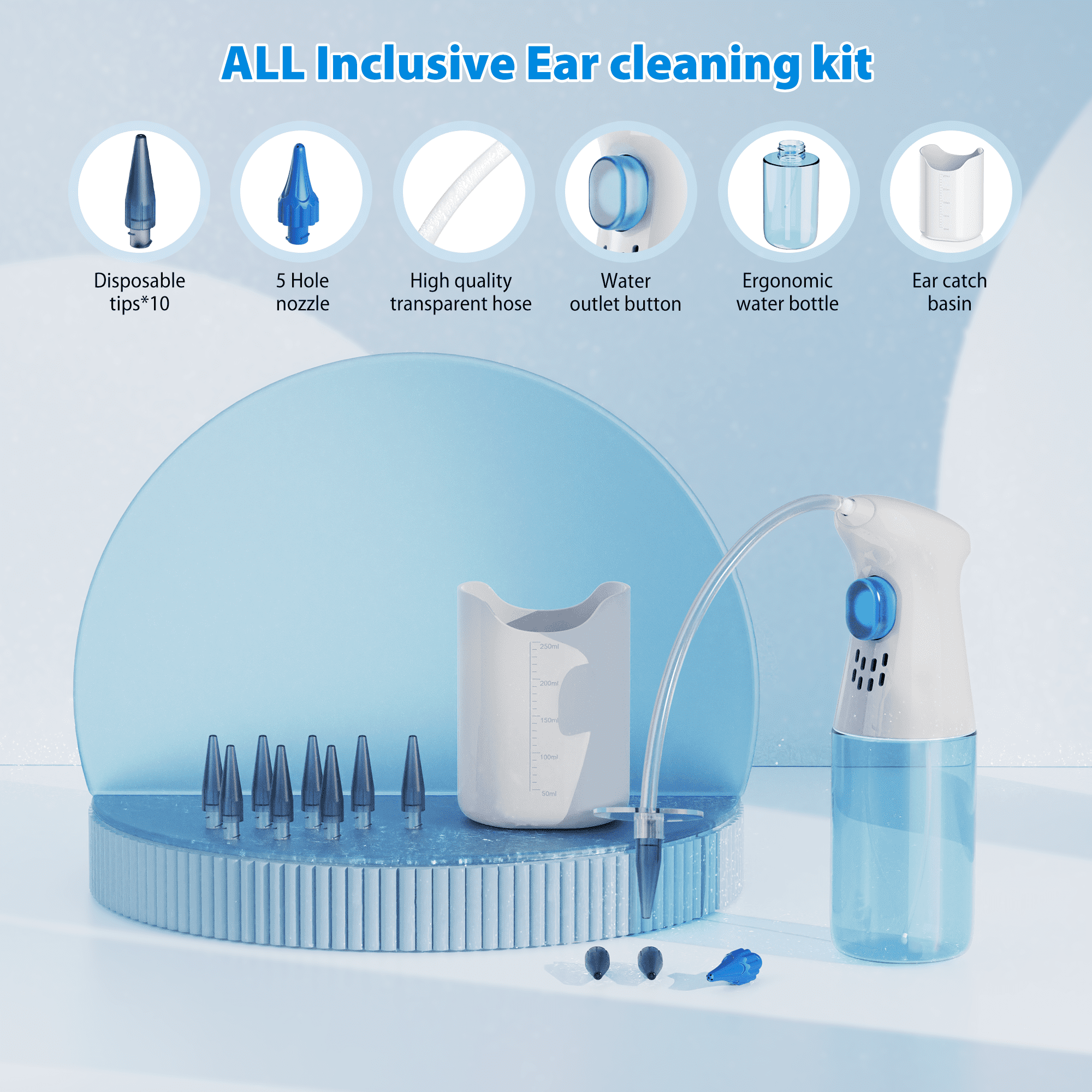 Ein Ohrreinigungs-Set mit verschiedenen Komponenten: Spitzen, einem Schlauch, einer Wasserflasche und einem Becken, alles auf blauem Untergrund angeordnet.