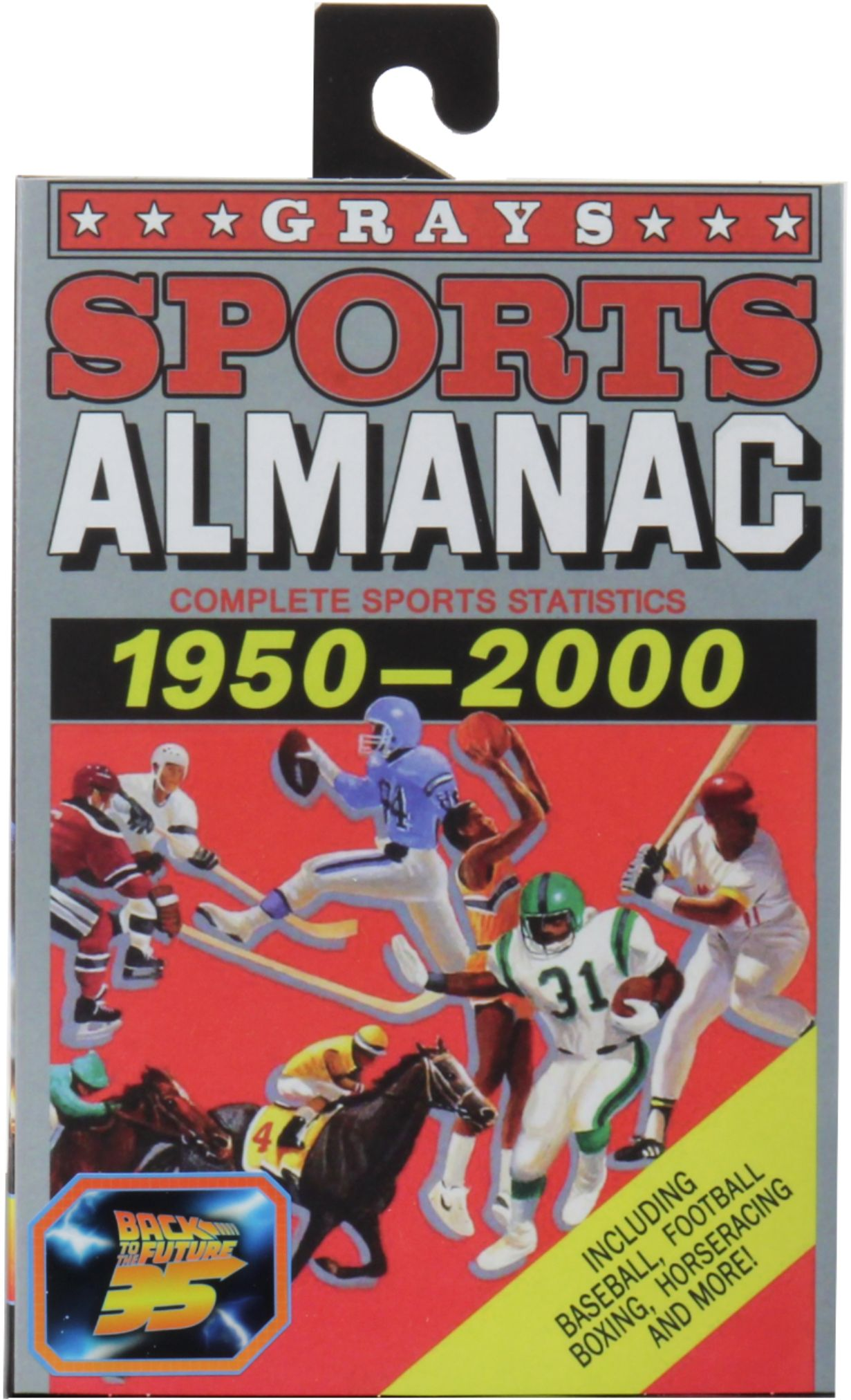 Çeşitli spor figürlerinin yer aldığı bir spor yıllığı kapağı. Kırmızı bir arka plana sahiptir ve 'SPORTS ALMANAC 1950-2000' metnini içerir.