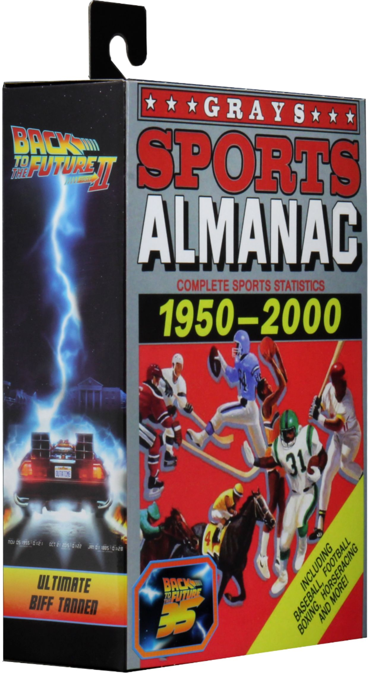 Geleceğe Dönüş II'nin kutu sanatı. Sporcu, DeLorean ve metin içeren bir spor yıllığı kapağı içerir.