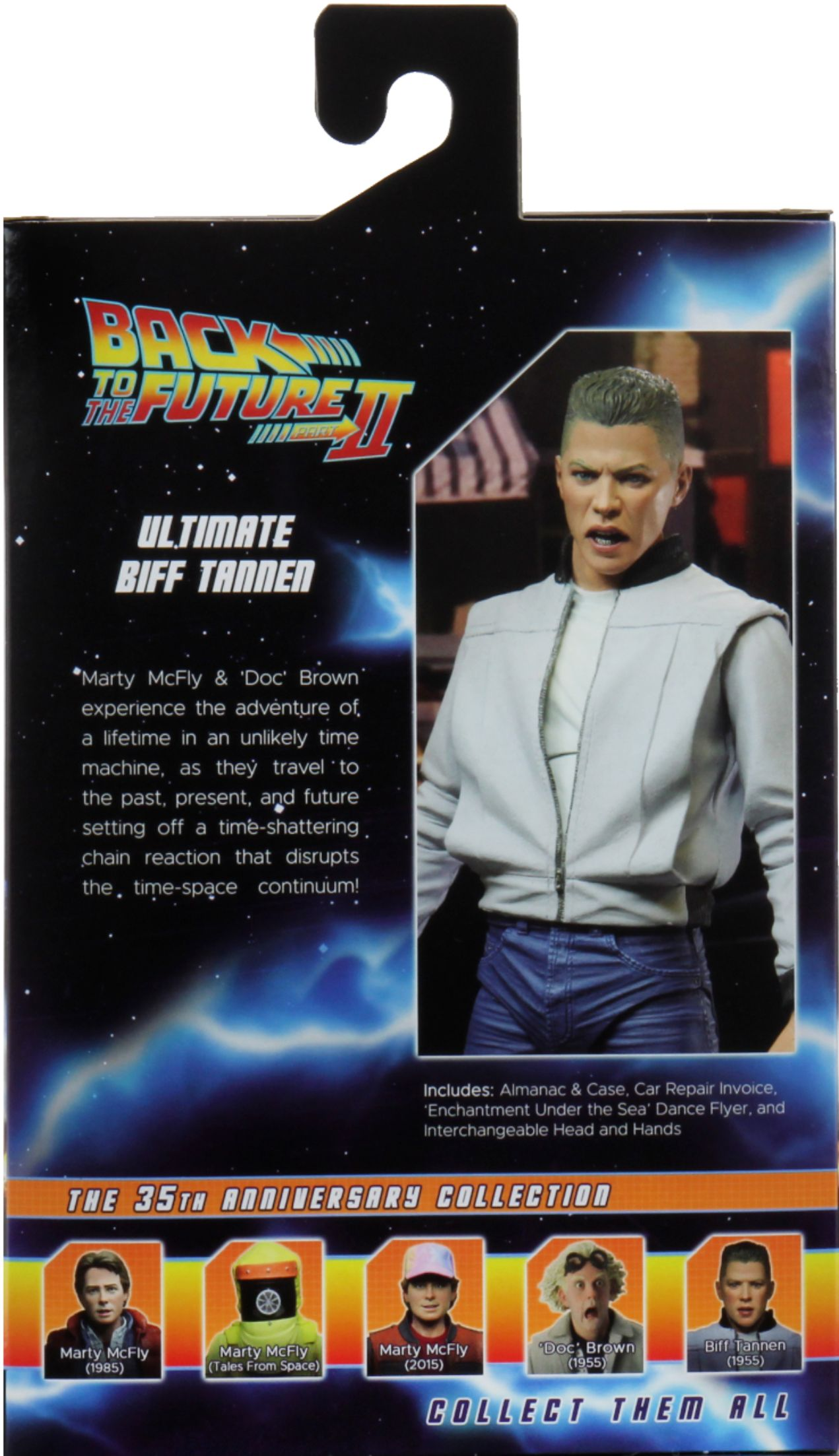 Biff Tannen aksiyon figürü kutusu. Beyaz bir ceket ve mavi kot pantolon giyiyor. Arka plan, Geleceğe Dönüş II logosunu gösteriyor.