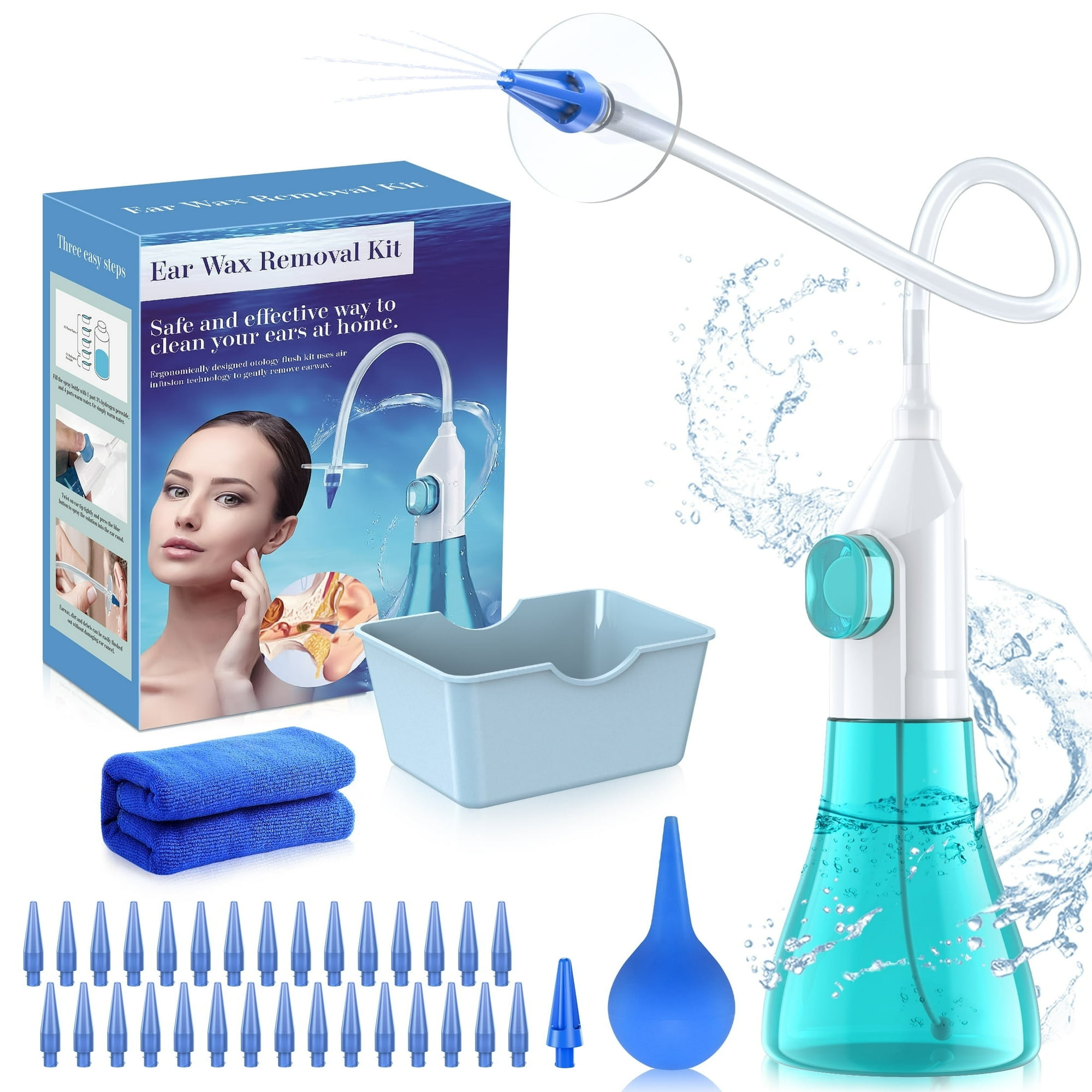 Ohrenschmalz-Entfernungsset mit Box, Ohrreiniger, Becken, Spitzen, Handtüchern und Ball. Es verwendet Wasser.