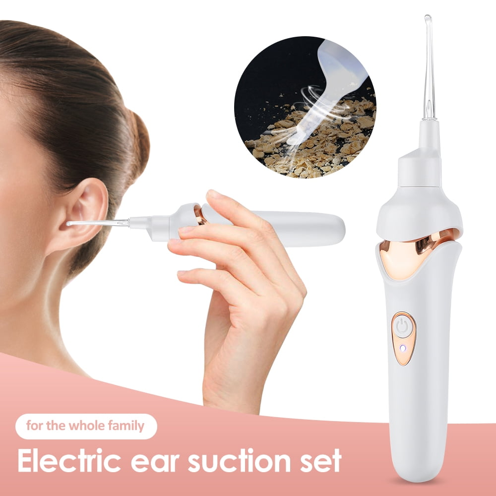 Frau benutzt ein elektrisches Ohrensauger-Set. Das Set enthält ein Gerät und eine Visualisierung der Ohrenschmalzentfernung.