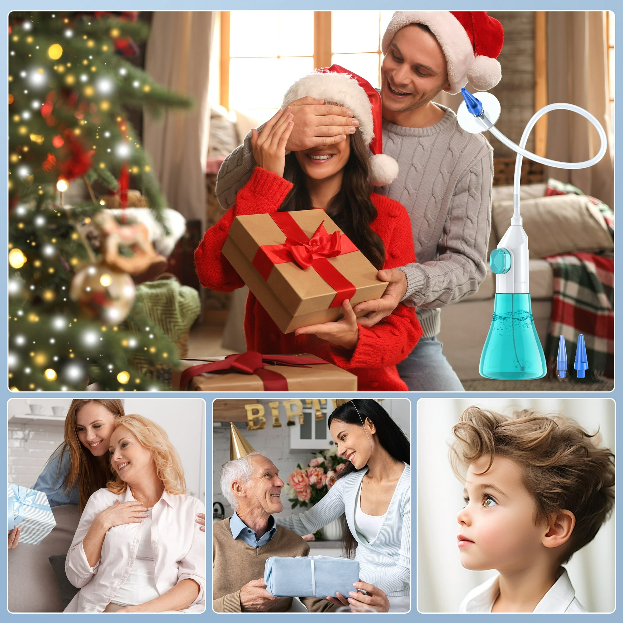 Ein Mann bedeckt die Augen einer Frau, sie hält ein Geschenk. Weihnachtsbaum und andere Menschen mit Geschenken in den Ecken.