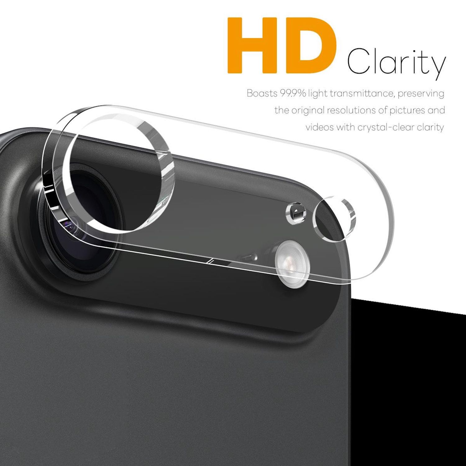 Ein Telefon mit Displayschutzfolie, der Text 'HD Clarity' und Werbedetails sind auf weißem und schwarzem Hintergrund sichtbar.